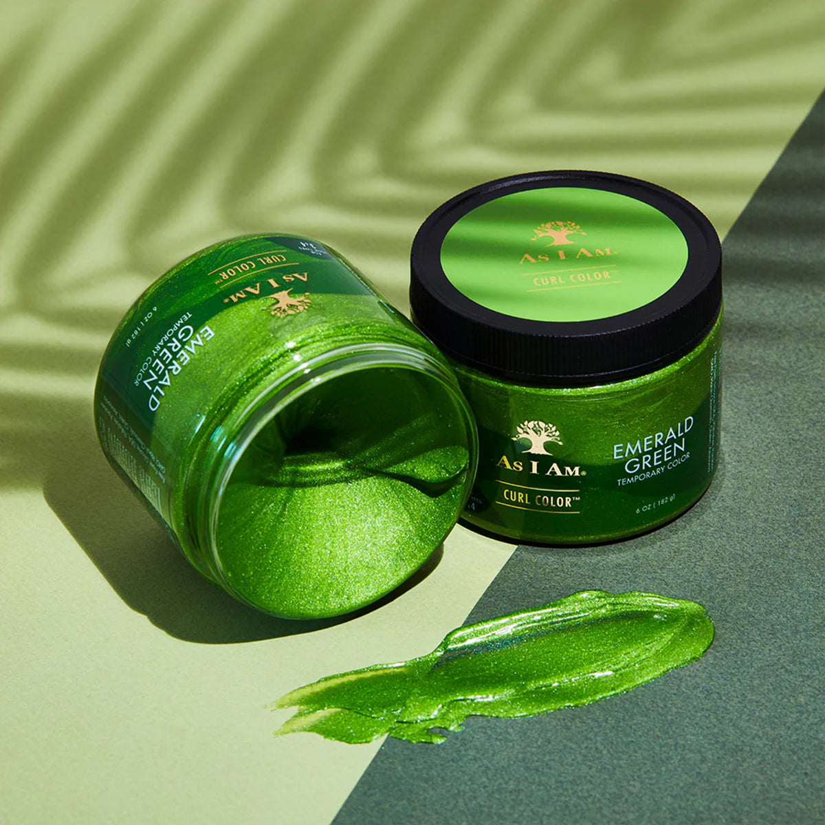 As I Am Curl Color Emerald Green - product presentation with open and closed jar and color sample of the green gel.