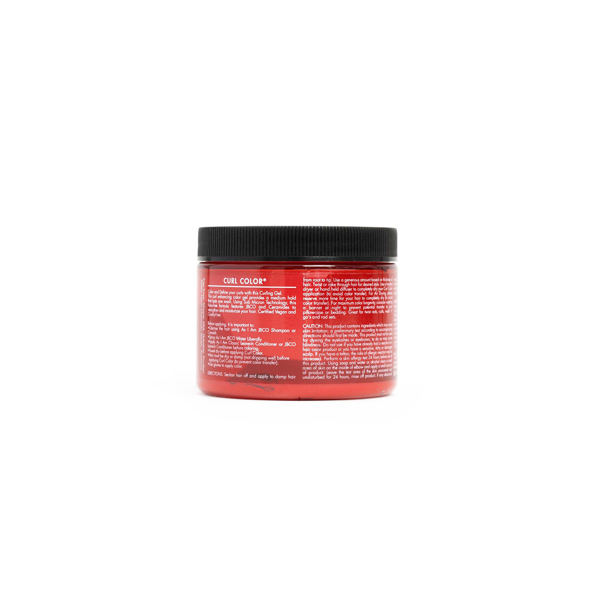 Close-up of the back of a jar of As I Am Curl Color Temporary Color Gel in Hot Red, focusing on the text and instructions.