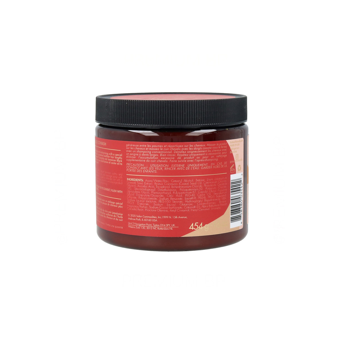 Container of As I Am Jamaican Black Castor Oil Co-Wash, showing both front and back of label, including weight indication 454g.