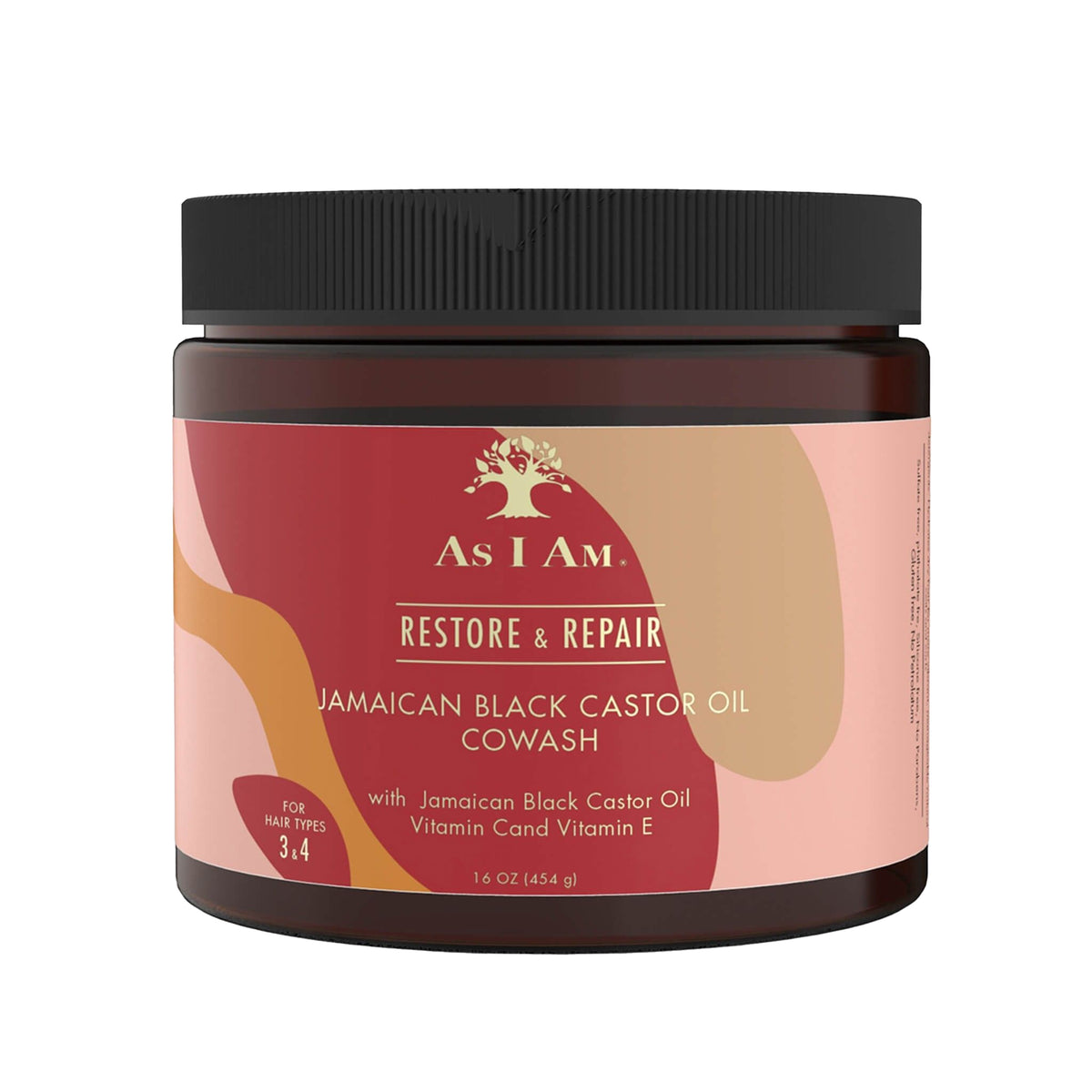 As I Am Jamaican Black Castor Oil Cowash 454gr. A brown container with a black screw cap. 