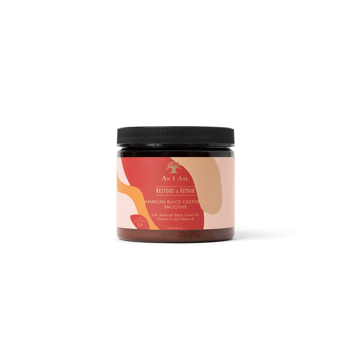 A dark jar of As I Am Jamaican Black Castor Oil Smoothie (454g) with a pink and beige label showing the product name and the text "Restore & Repair".