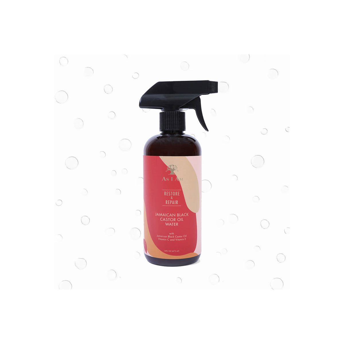 A dark spray bottle of As I Am Jamaican Black Castor Oil Water (473 ml) with a pink label showing the product name and the text "Restore Repair".