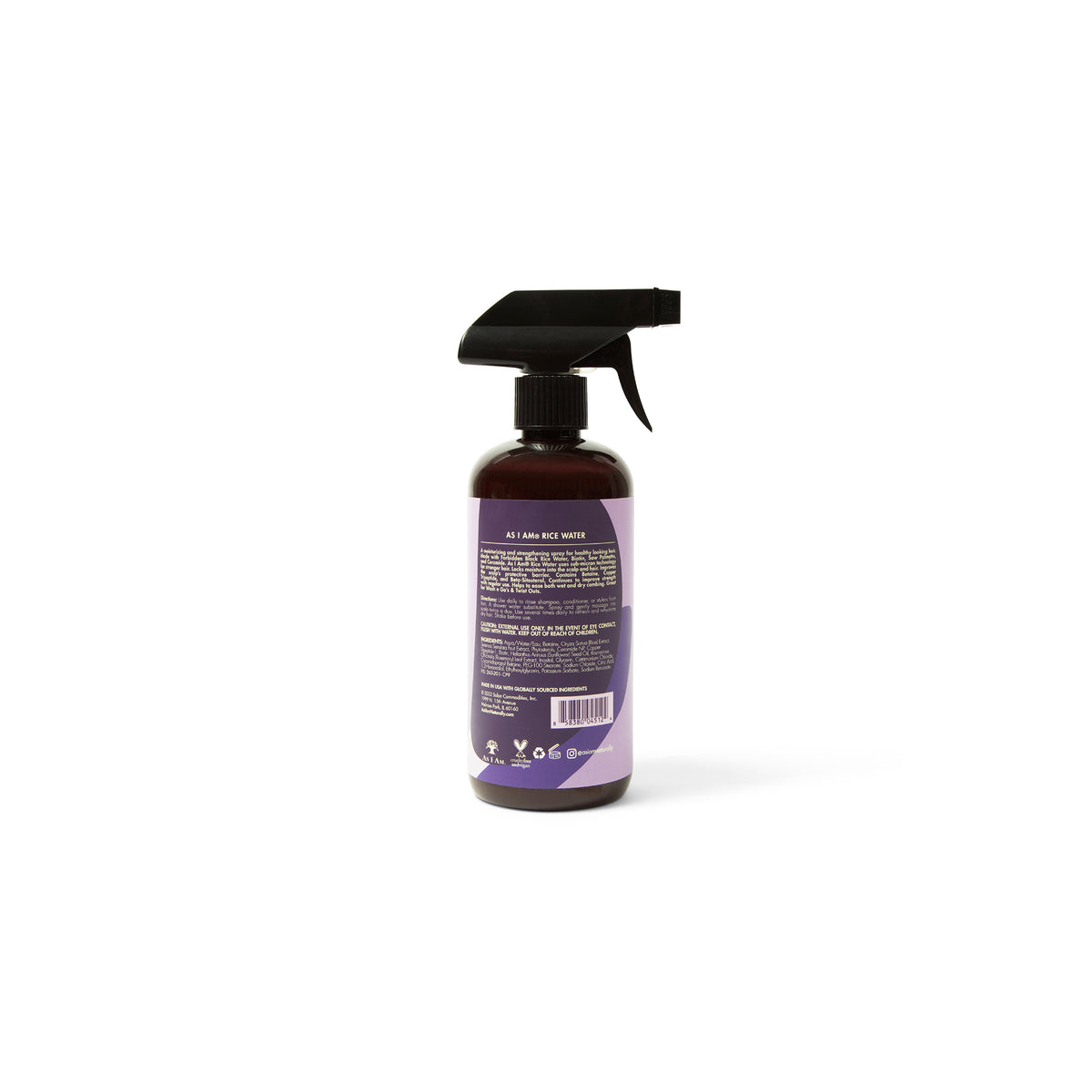 The back of a brown spray bottle with a black spray head, labeled As I Am Rice Water Spray (475ml), showing ingredient list, directions for use and other product information.