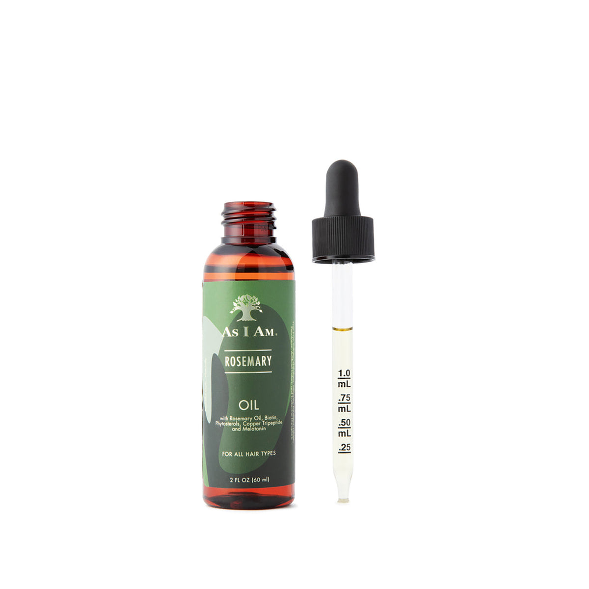 A bottle of As I Am Rosemary Oil (60ml) stands next to a dropper filled with oil, in front of a white background.