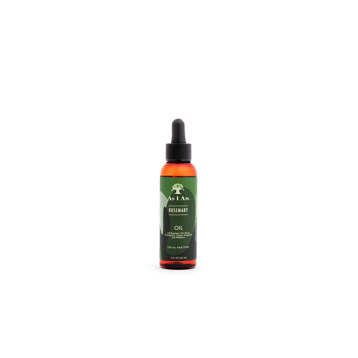 A bottle of As I Am Rosemary Oil (60 ml) with black dropper cap and green label with product name and logo.