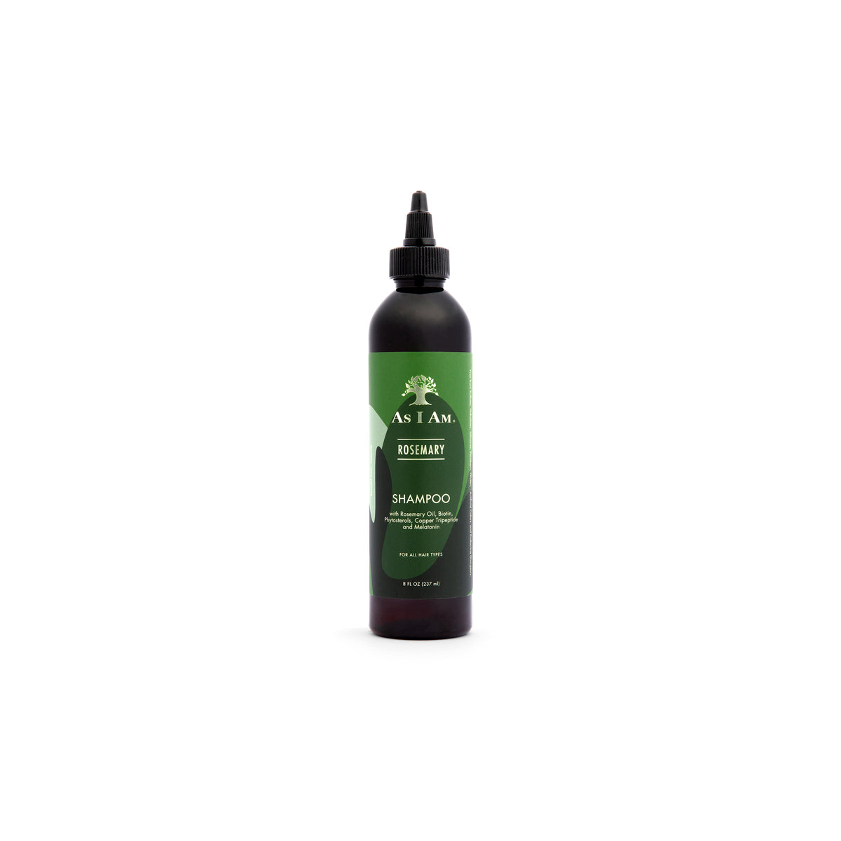 Bottle of As I Am Rosemary Shampoo (237 ml) with black lid and green label with product name and logo.