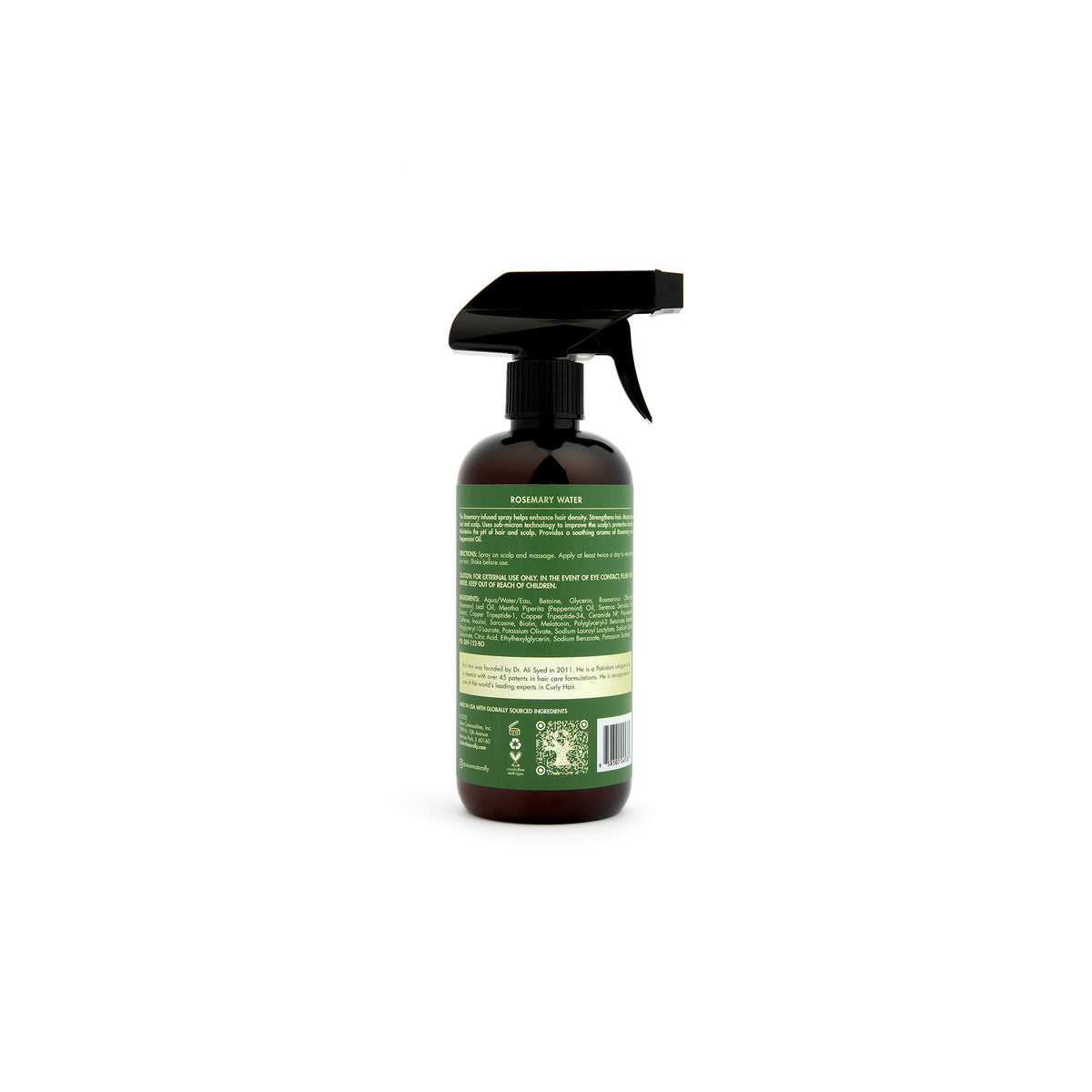 The back of a bottle of As I Am Rosemary Water Spray (475 ml) with ingredients list, instructions for use and additional product information.