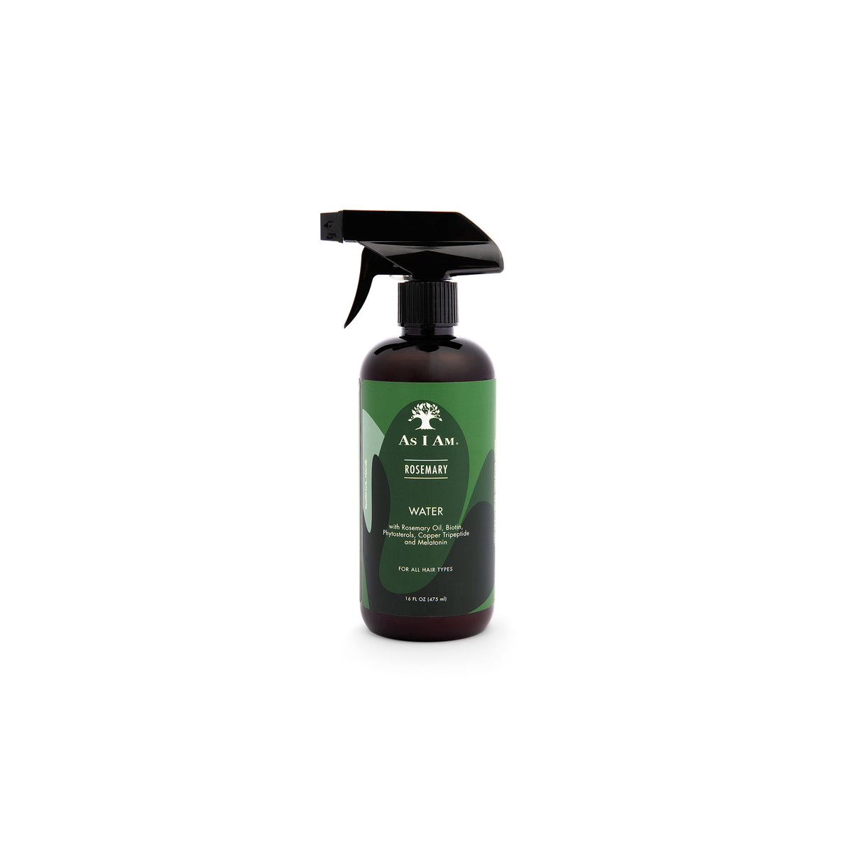 Bottle of As I Am Rosemary Water Spray (475 ml) with black spray head and green label with product name and logo.