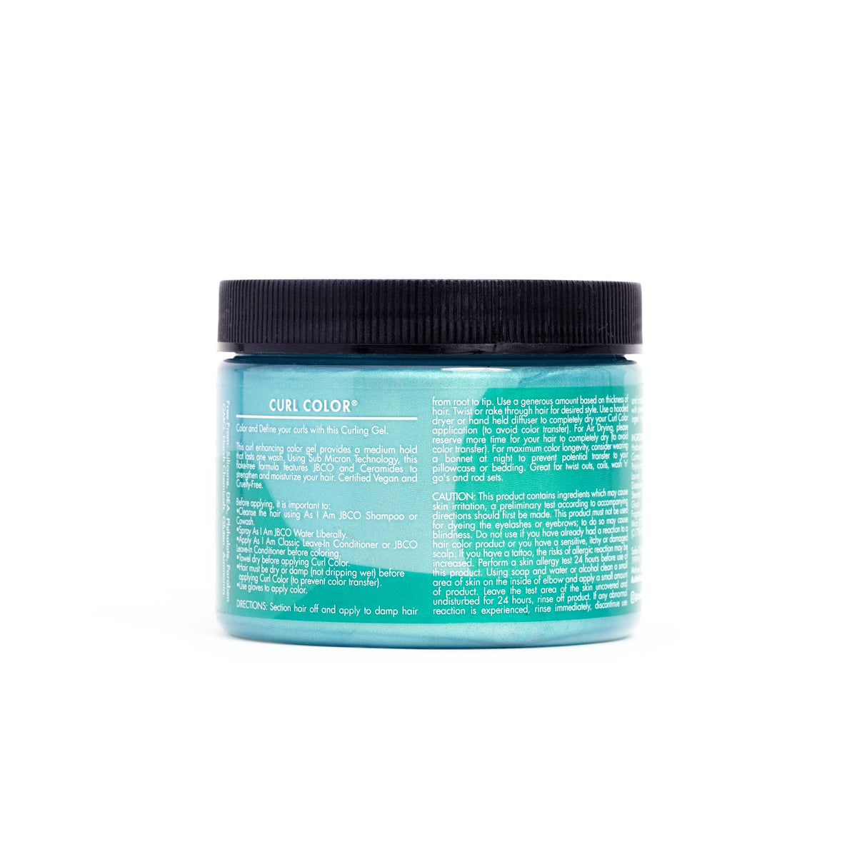 As I Am Curl Color Minty Mermaid hair gel. Back label on a turquoise jar with a black lid.