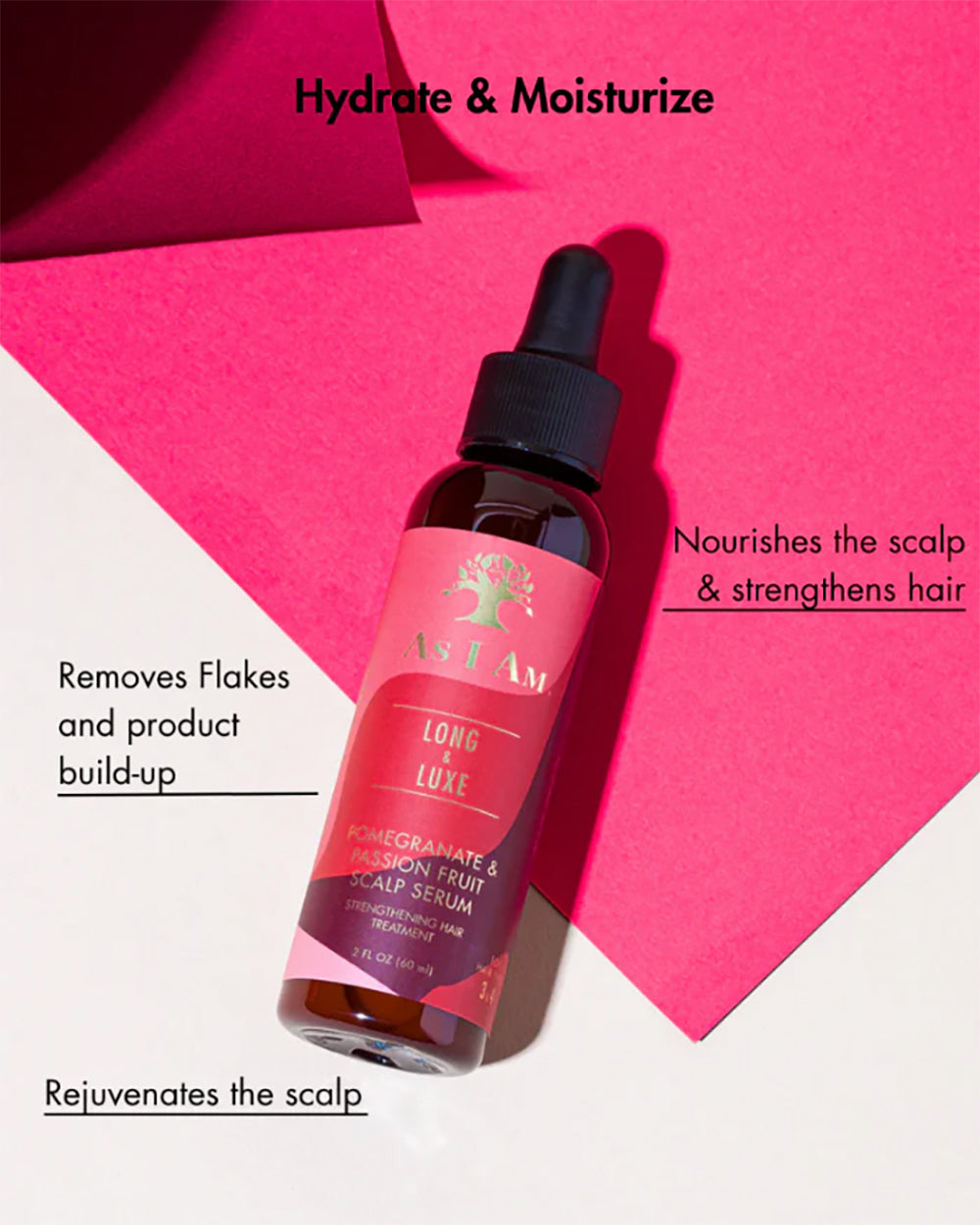 As I Am Long and Luxe Scalp Serum 60ml on pink background with dropper bottle, moisturizing serum that strengthens hair and nourishes the scalp.