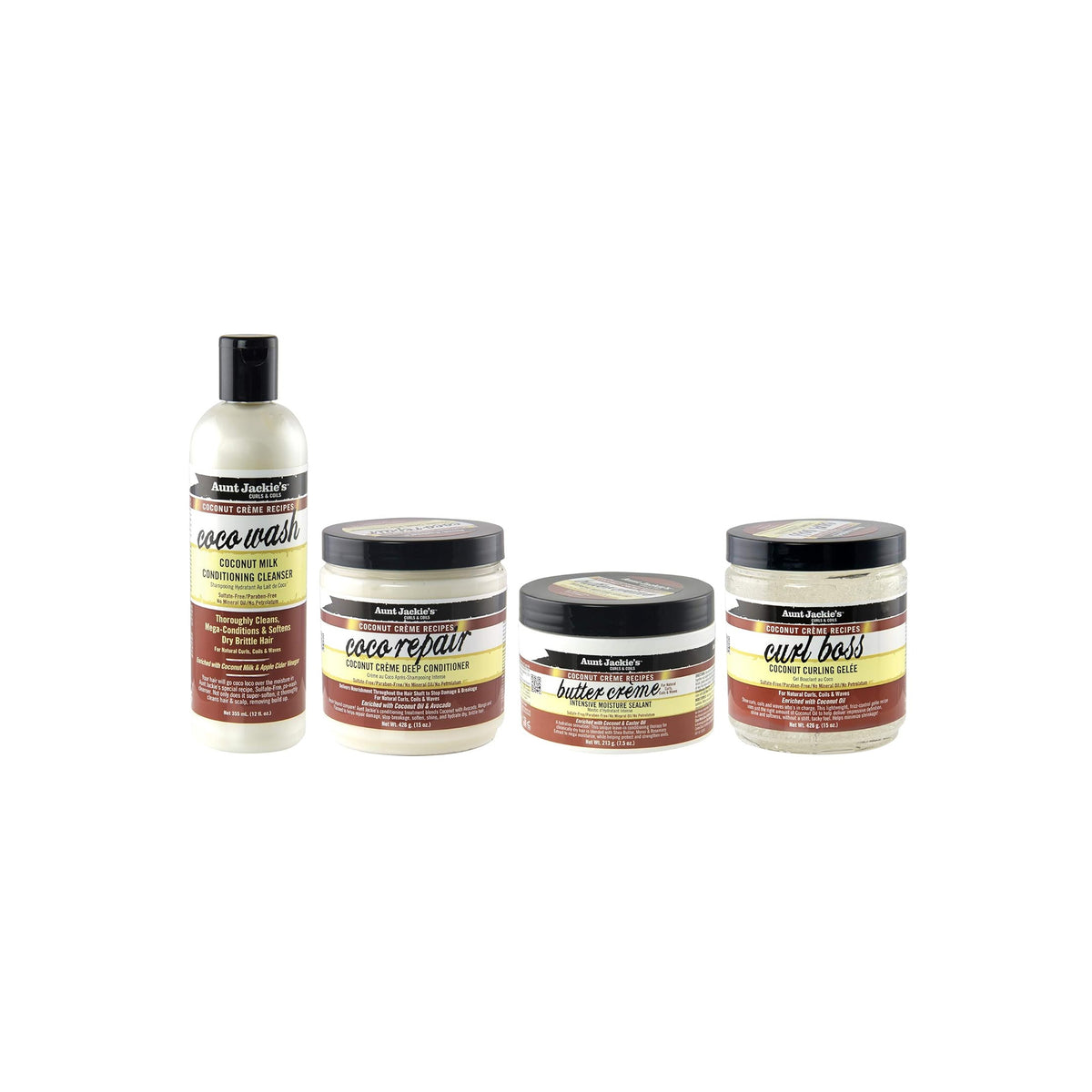 Four products from Aunt Jackie's Coconut Crème Recipes range: a cleansing conditioner (Coco Wash), a deep conditioner (Coco Repair), a moisturizer (Butter Crème) and a styling gel (Curl Boss).