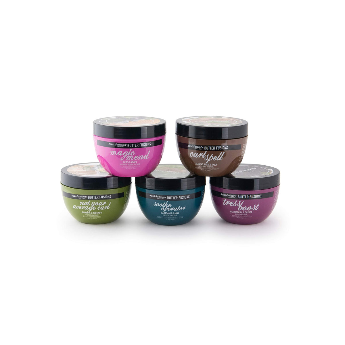 Aunt Jackie's Butter Fusions range: "not your average curl", "sootherator", "tressboost", "magic mend" and "curlspell".
