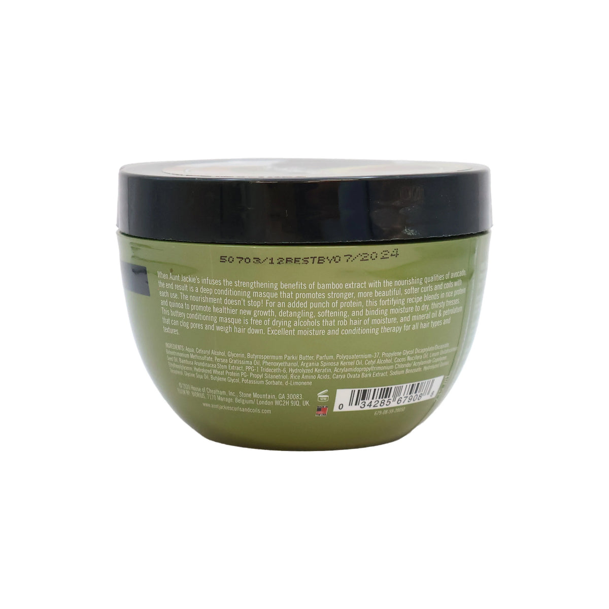 Back of Aunt Jackie's Butter Fusions Not Your Average Curl Bamboo & Avocado Protein Masque with ingredients list and information.