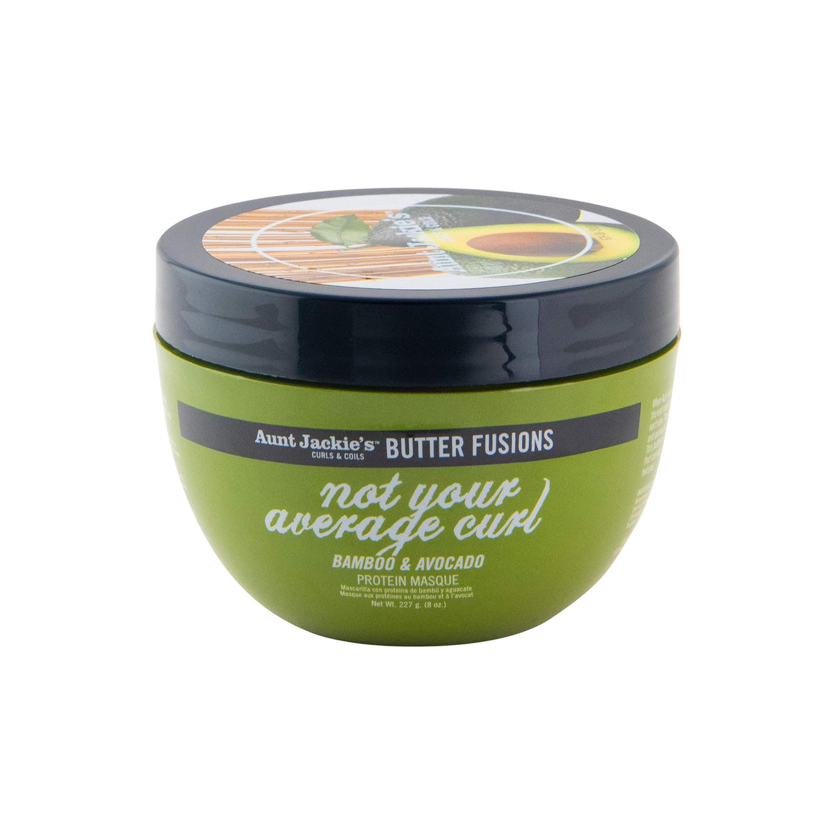 Aunt Jackie's Butter Fusions Not Your Average Curl Bamboo & Avocado Protein Masque in light green container.