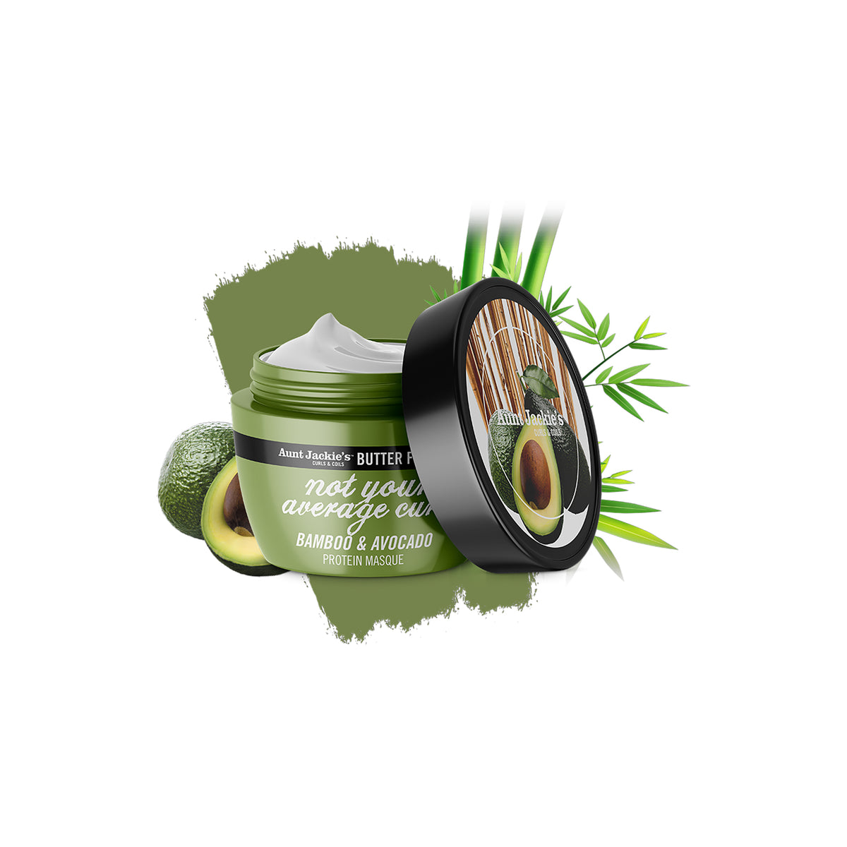 Aunt Jackie's Butter Fusions Not Your Average Curl Bamboo & Avocado Protein Masque in green jar with white cream.