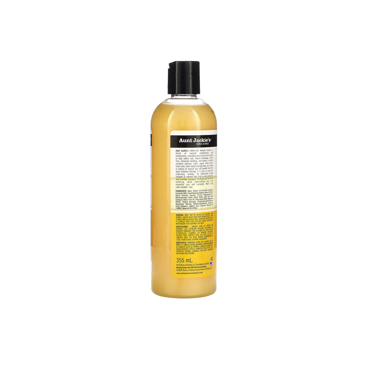  Aunt Jackie's Curls & Coils Oh So Clean Moisturizing & Softening Shampoo, back of a clear plastic bottle with a black cap. 