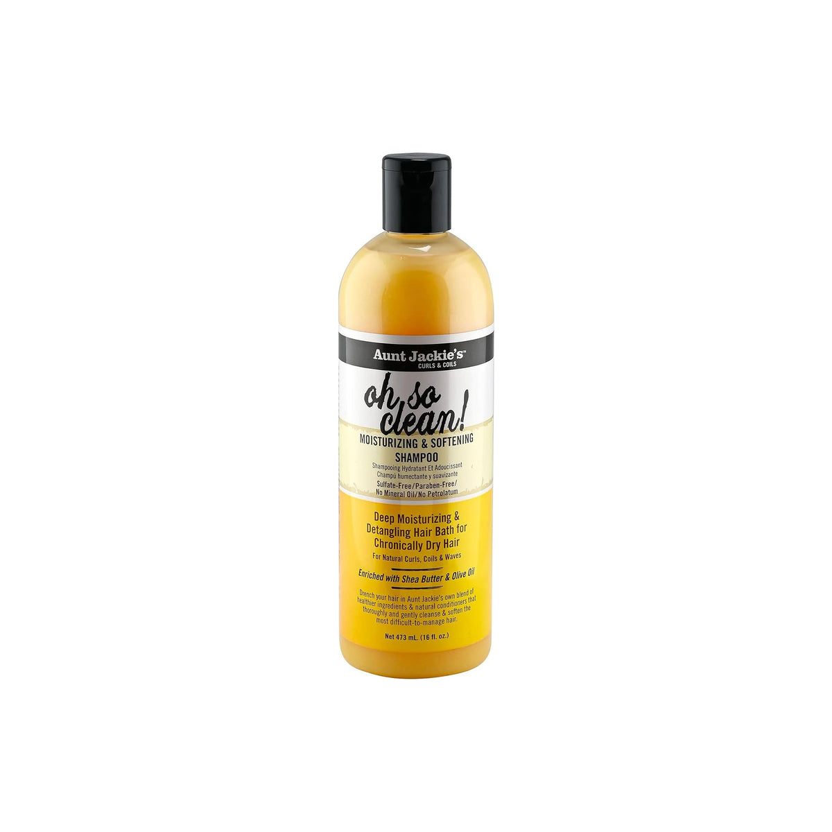  Aunt Jackie's Curls & Coils Oh So Clean Moisturizing & Softening Shampoo in a clear plastic bottle with a black cap.