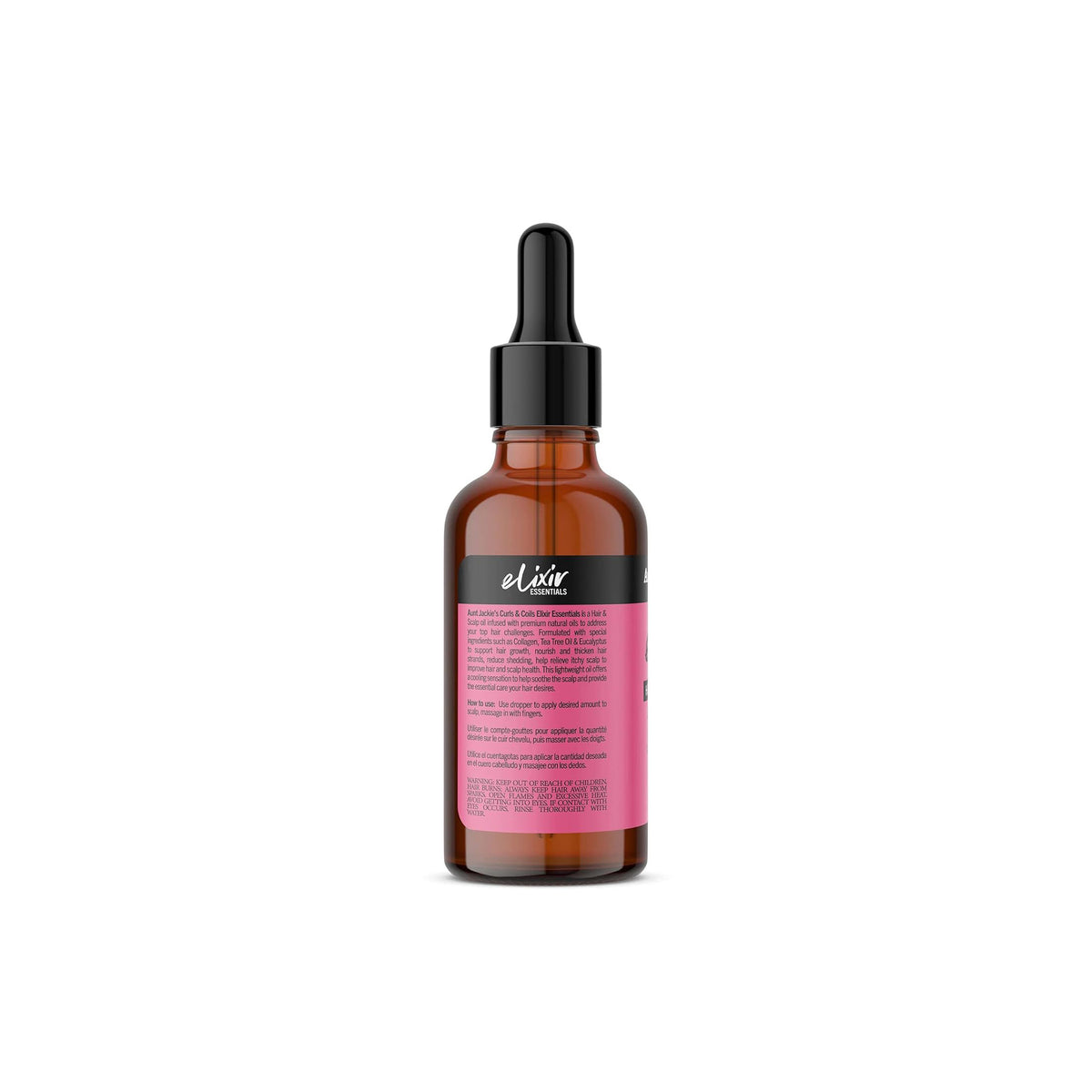 Back of Aunt Jackie's Elixir Hair & Scalp Oil (59ml): Shows ingredient list and directions for use.