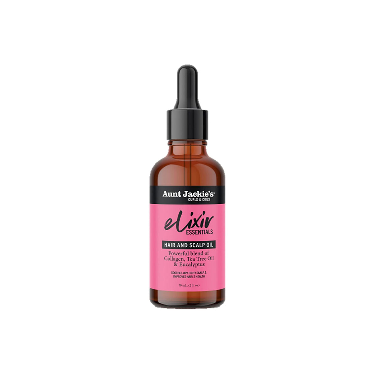 A bottle of Aunt Jackie's Elixir Hair & Scalp Oil with dropper.