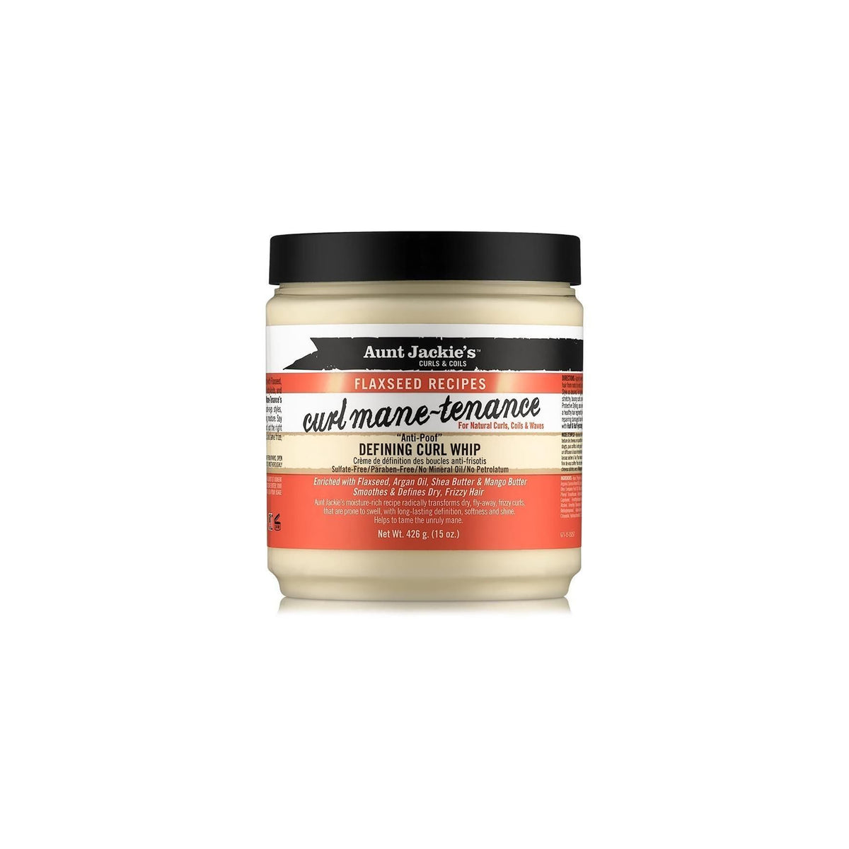  Aunt Jackie's Flaxseed Recipes Curl Mane-Tenance Defining Curl Whip, a cream/off-white creme in a bucket with a black lid.