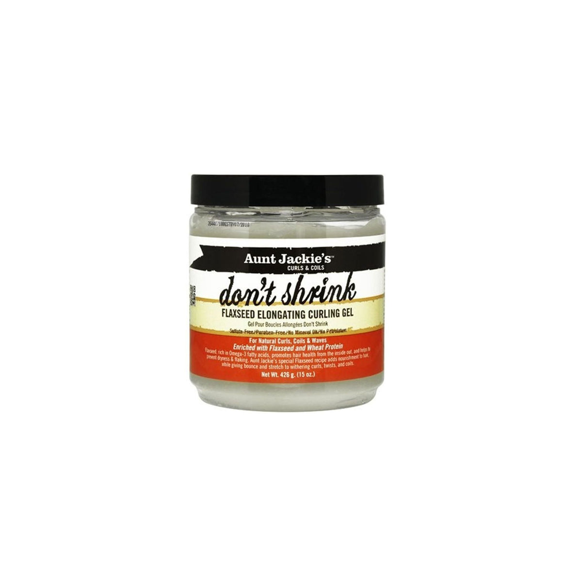 Aunt Jackie's Don't Shrink Flaxseed Elongating Curling Gel, a clear gel in a bucket with a black lid.