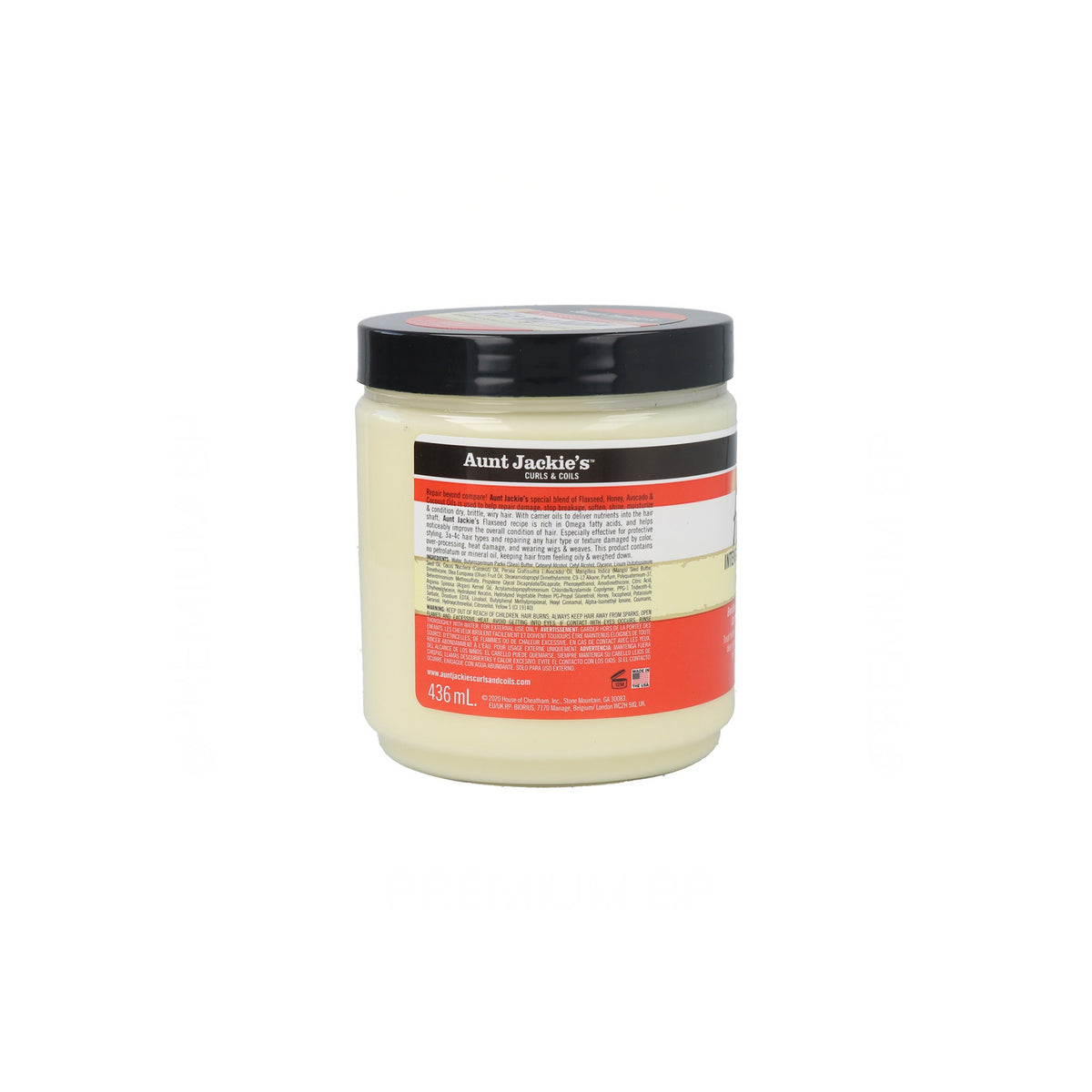 Back of Aunt Jackie's Fix My Hair Intensive Repairing Hair Treatment (436ml): Shows ingredients list and directions for use for this deep conditioner with flaxseed.
