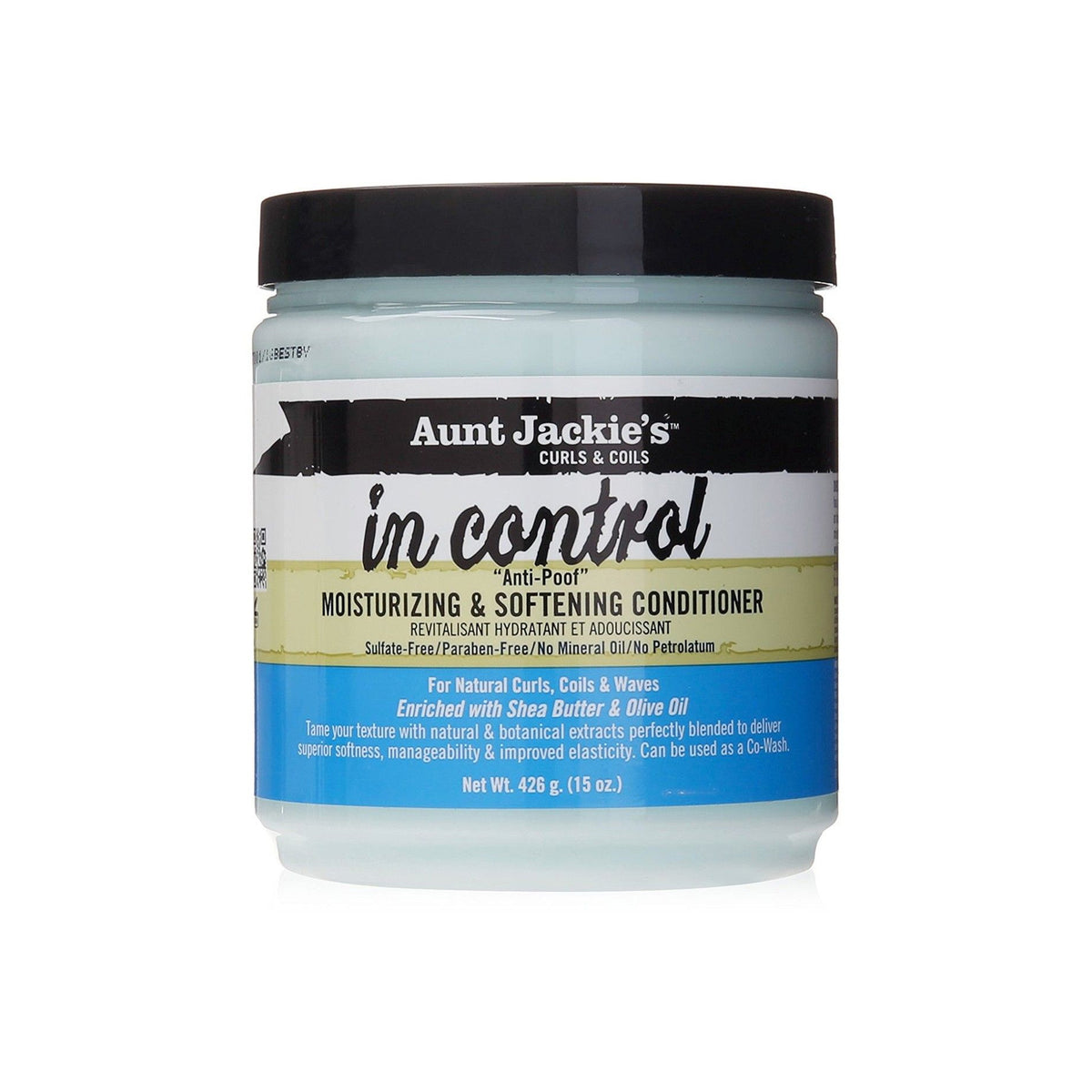 A container of pale blue Aunt Jackie's In Control Anti-Poof Moisturizing & Emollient Conditioner. 