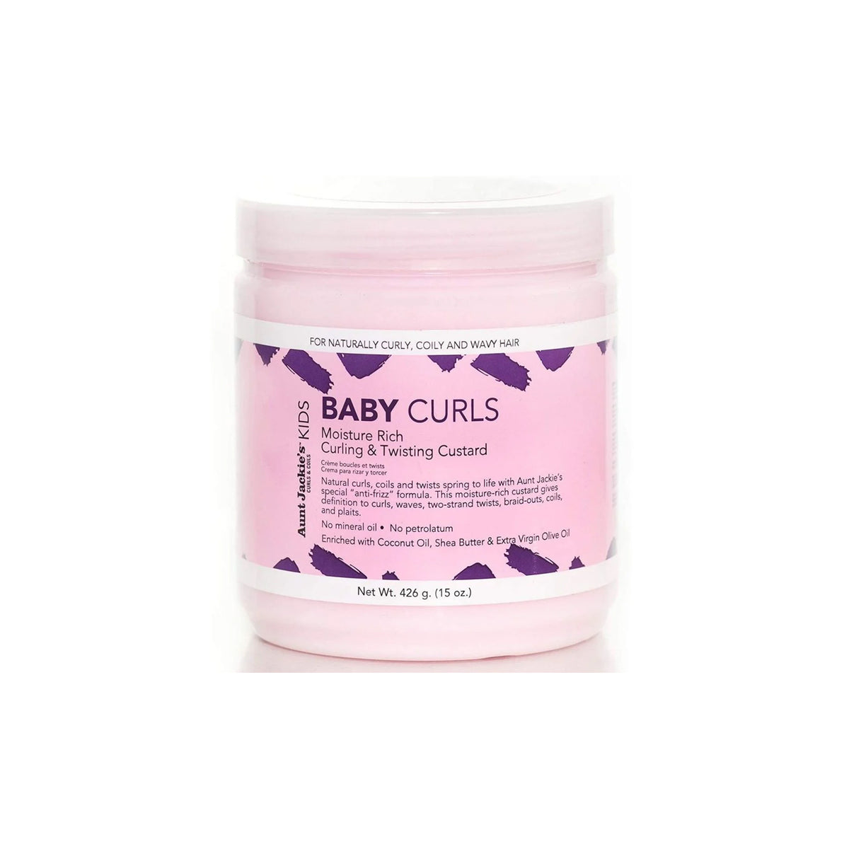 Aunt Jackie's Kids Baby Curls Moisture Rich Curling & Twisting Custard, a pink tub of styling cream for children's curly, coily and wavy hair.