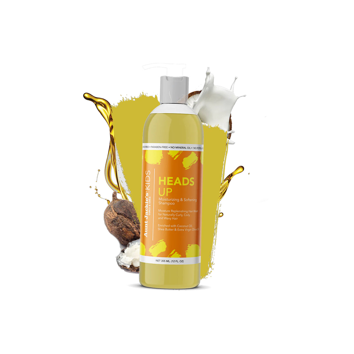 Bottle of Aunt Jackie's Kids Heads Up Shampoo 355ml with coconut, shea butter and oil in the background on a white background.