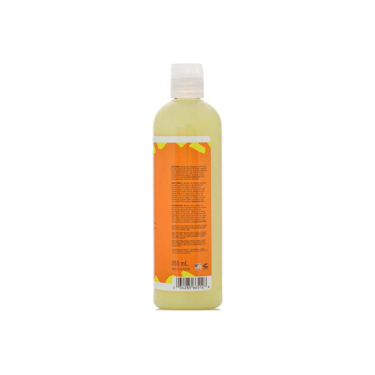 The back of a bottle of Aunt Jackie's Kids Heads Up Moisturizing & Softening Shampoo. Shows ingredient list and other product information as well as the contents 355 ml.