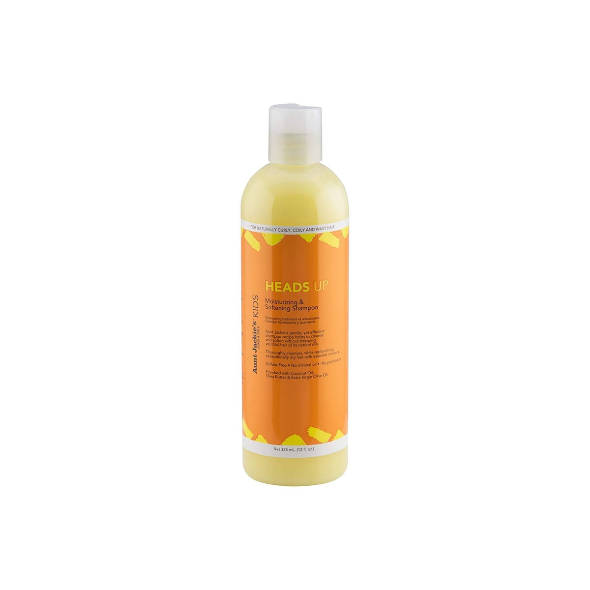 Aunt Jackie's Kids Heads Up Moisturizing & Softening Shampoo, a yellow bottle of shampoo for children that moisturizes and softens hair.