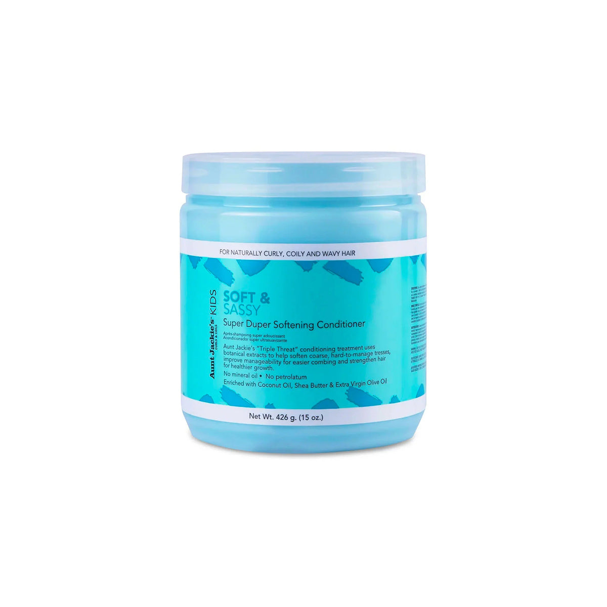 Aunt Jackie's Kids Soft & Sassy Super Duper Softening Conditioner, a blue bucket of conditioner for kids' curly, coily and wavy hair.