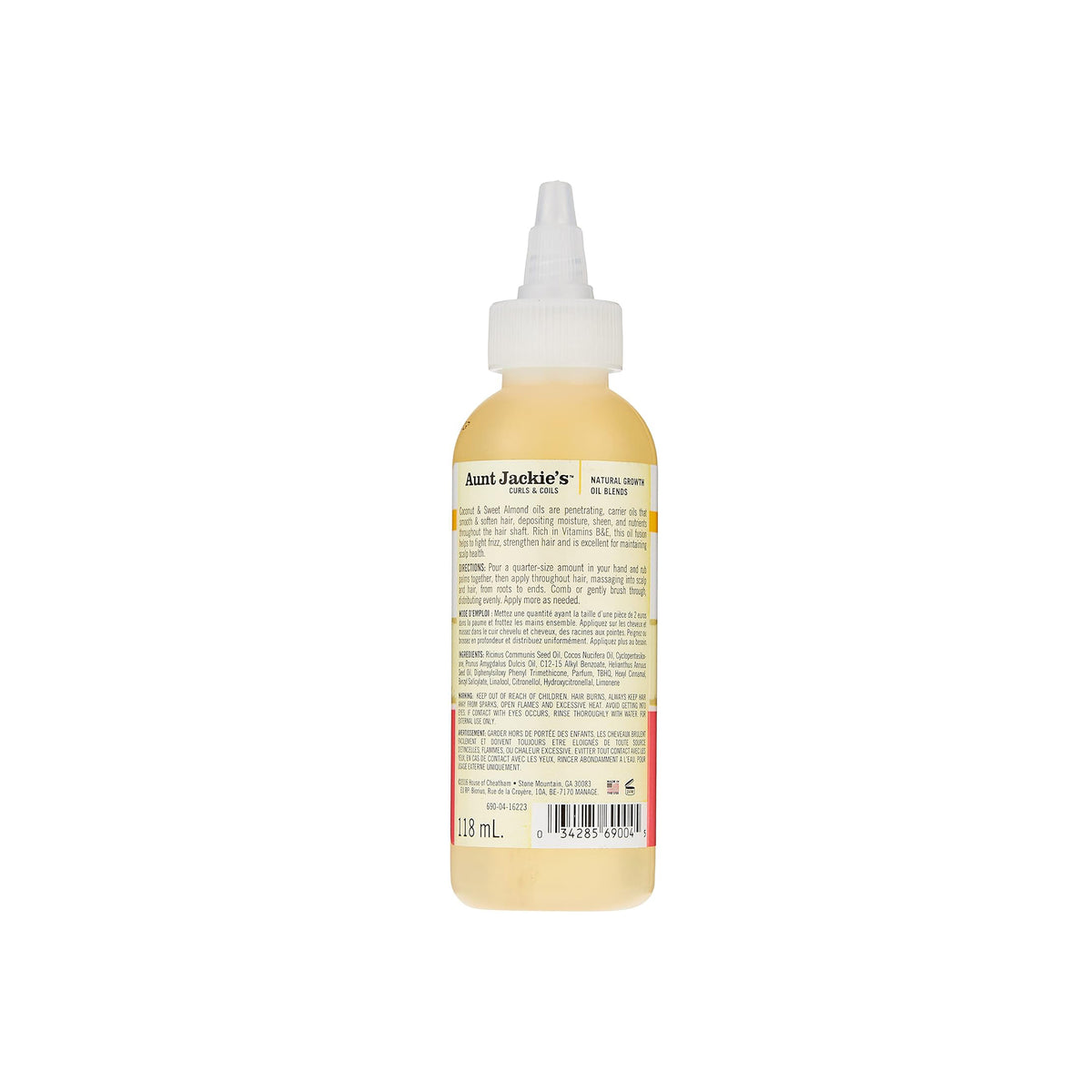 The back of a bottle of Aunt Jackie's Frizz Rebel Coconut & Sweet Almond Natural Growth Oil.