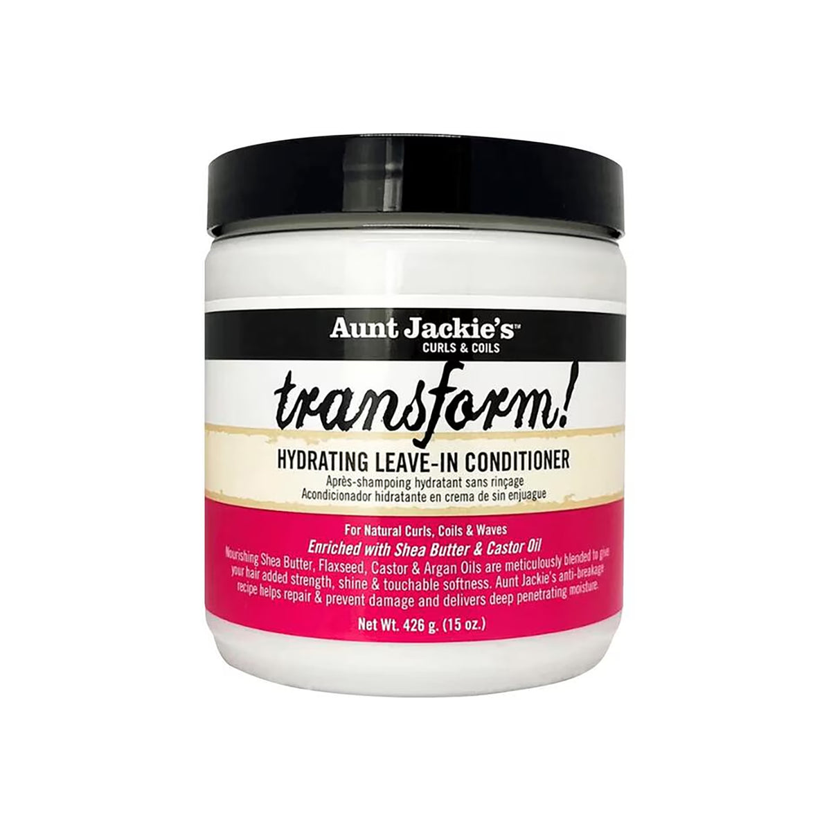 Aunt Jackie's Transform Hydrating Leave-In Conditioner in clear container with black lid. 