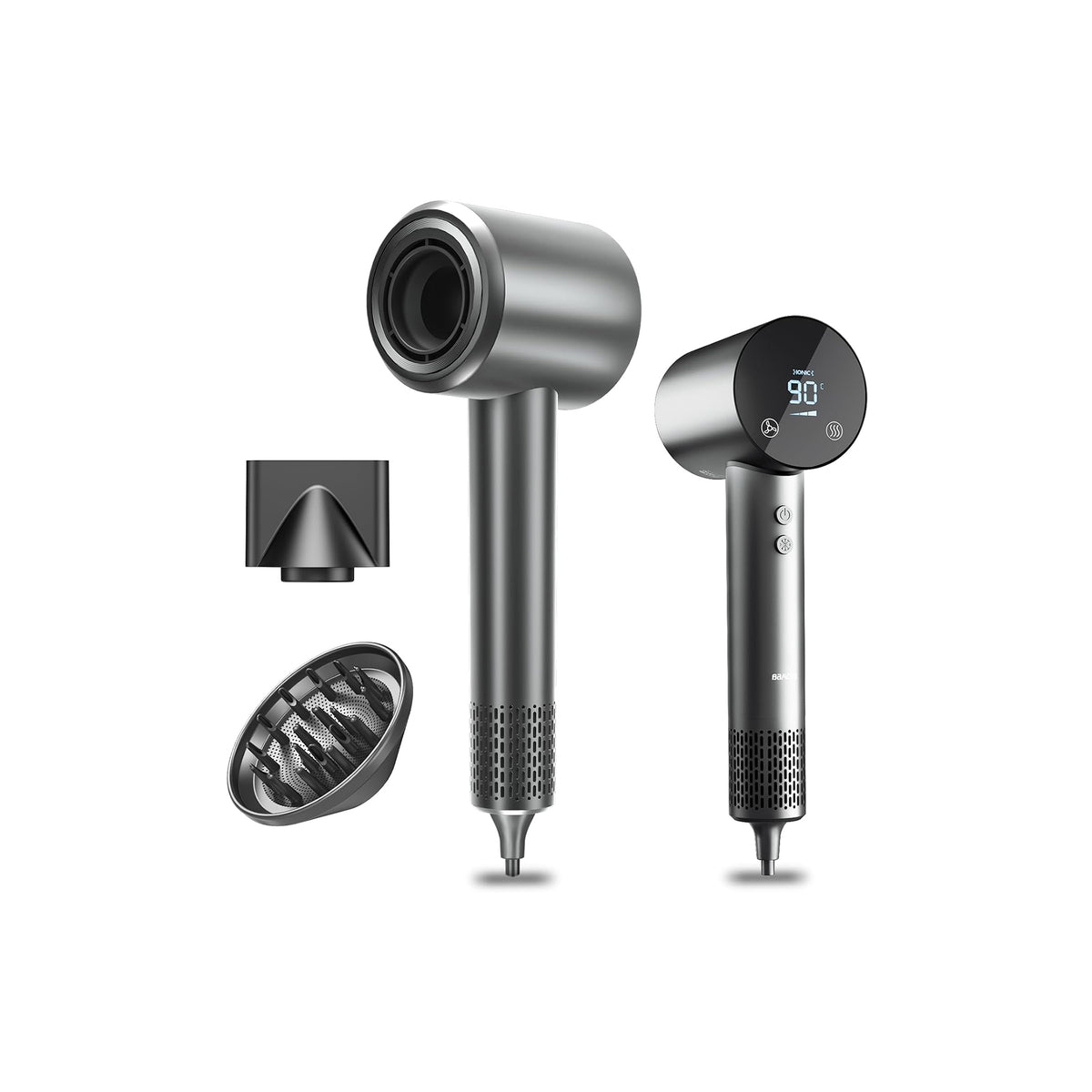 Ionic hair dryer in metallic gray with digital temperature display and accessories: diffuser and concentrator nozzle, shown against a white background.