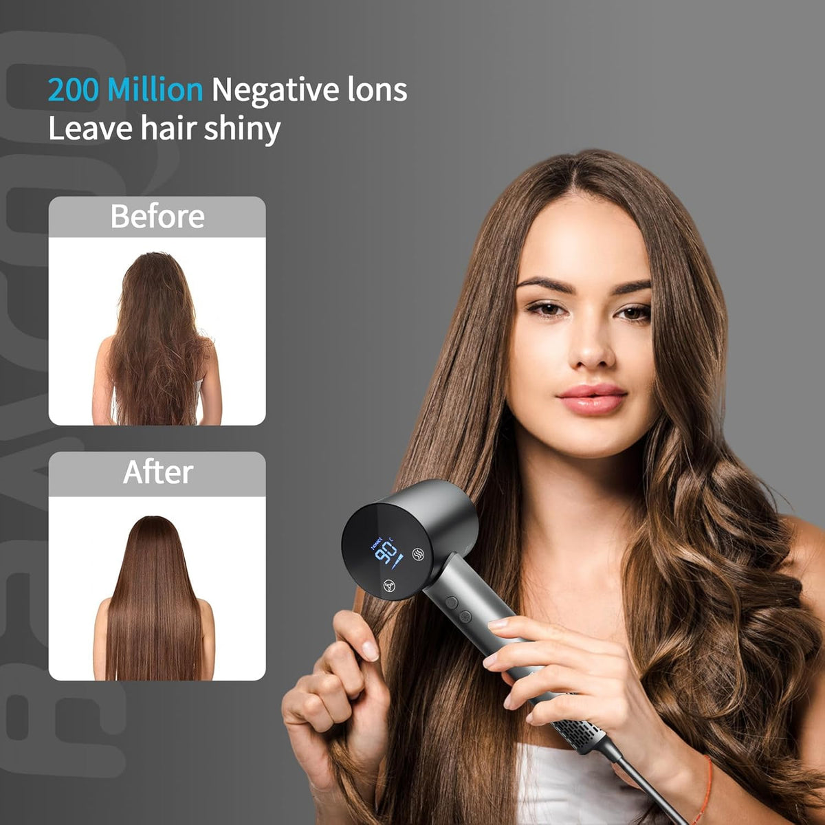 Woman with shiny hair using ionic hair dryer with 200 million negative ions, illustrated airflow for increased shine and less frizz.