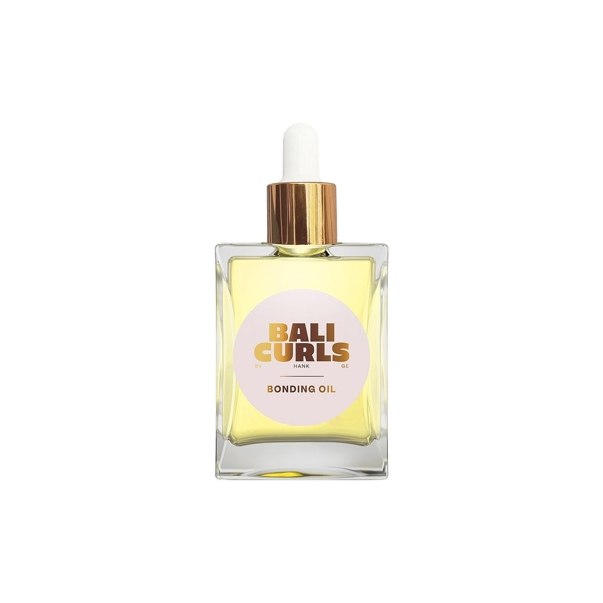 Bali Curls Bonding Oil 30ml in square glass bottle with golden pipette and pink label with golden brown text.