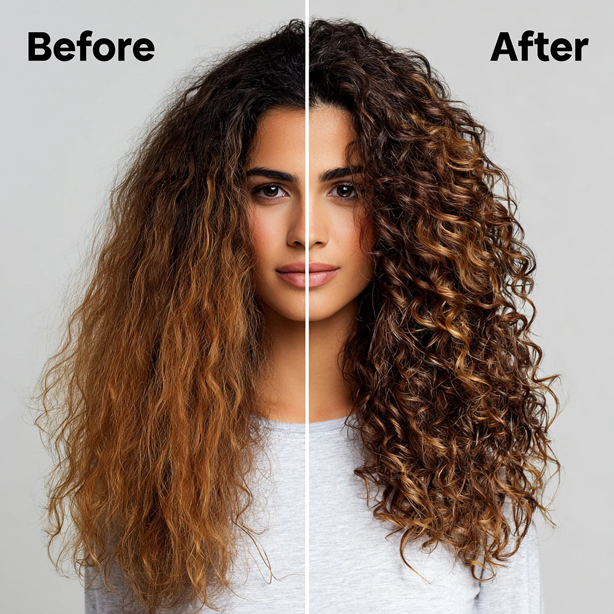 Before and after picture shows the effect of Bali Curls Bonding Repair Leave-in Cream N°3 150ml on curly hair.