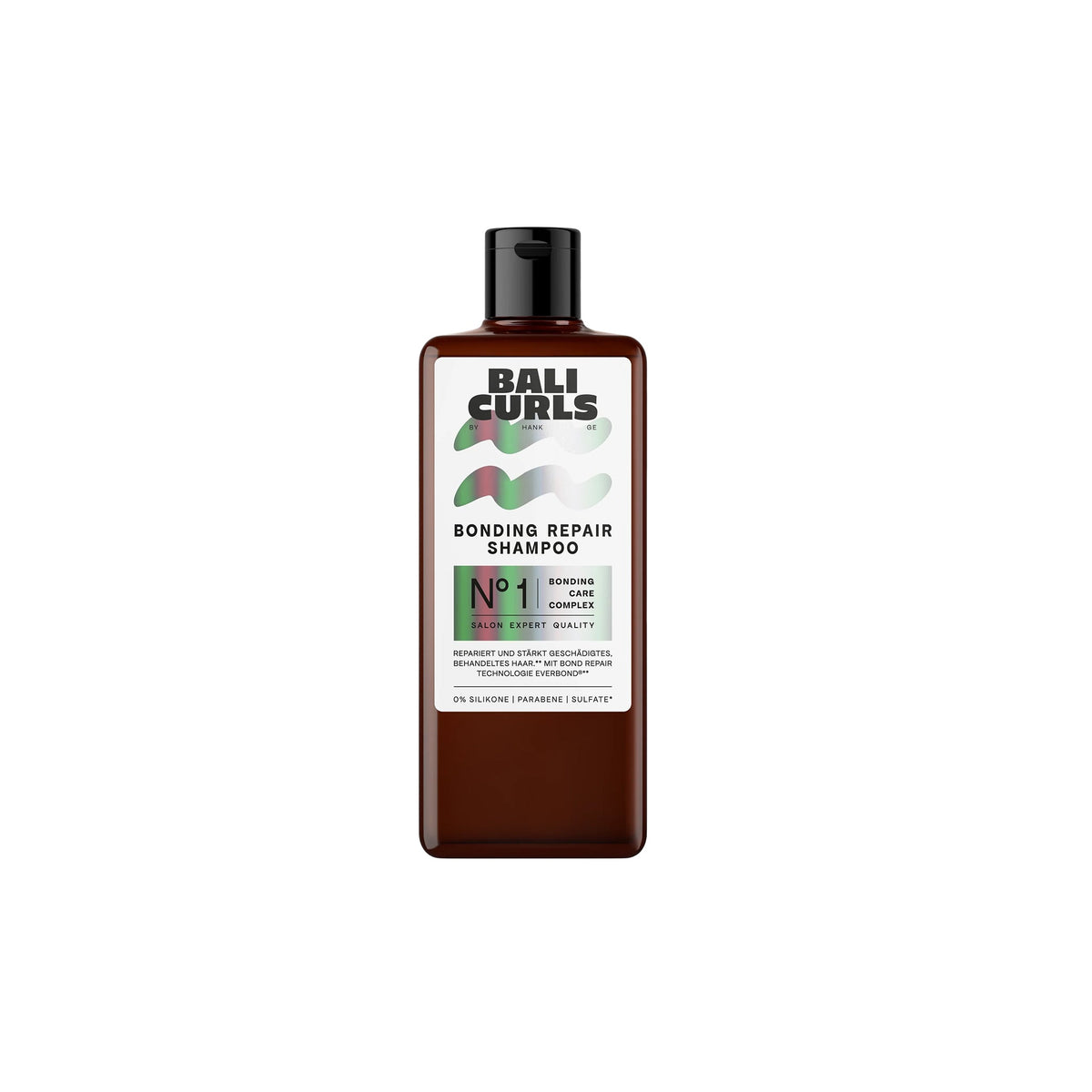 Dark brown bottle of BALI CURLS Bonding Repair Shampoo, No. 1 for damaged hair, free of silicone, parabens and sulfates.