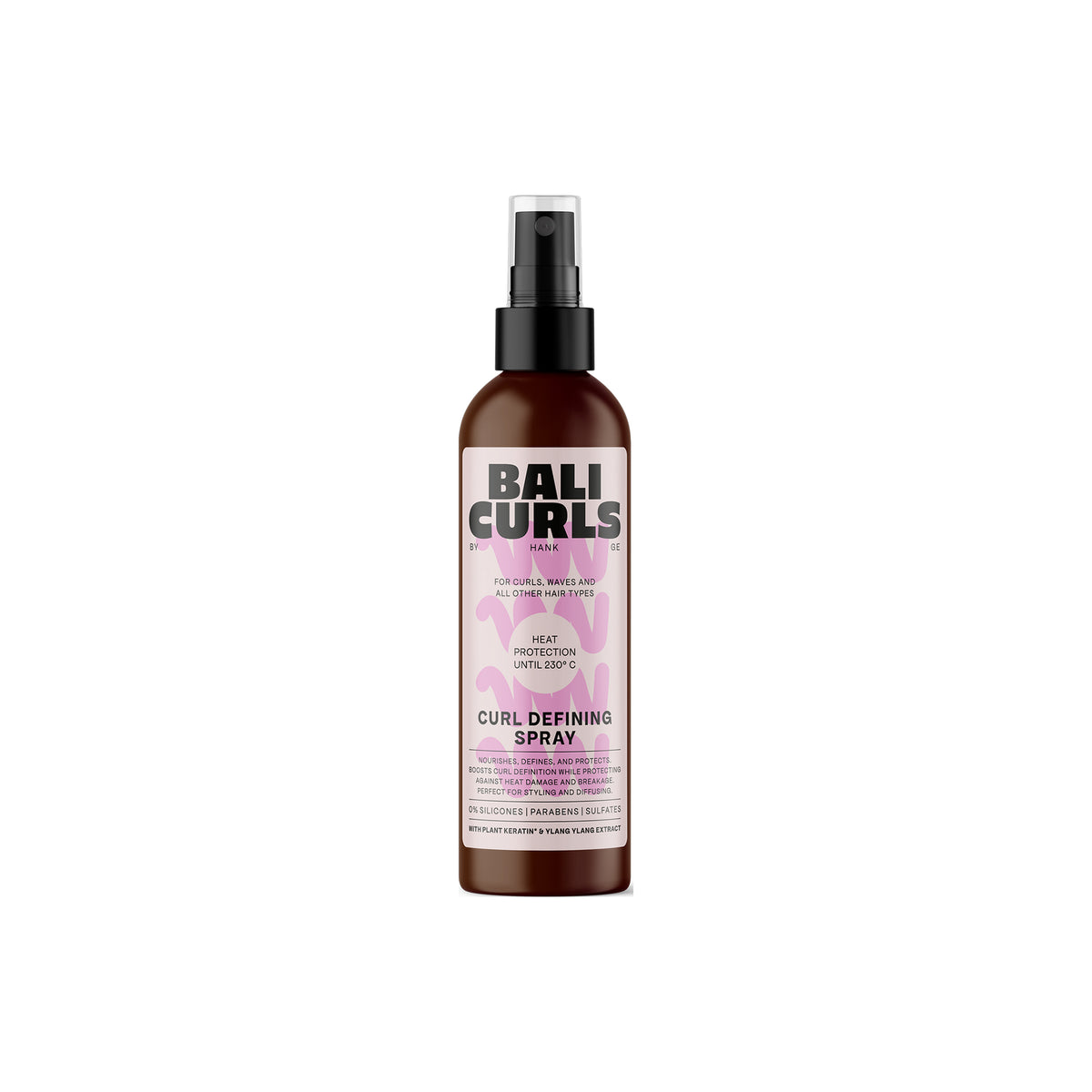 Bali Curls Curl Defining Spray 150ml in brown spray bottle with black pump and pink label with black text and wave pattern.