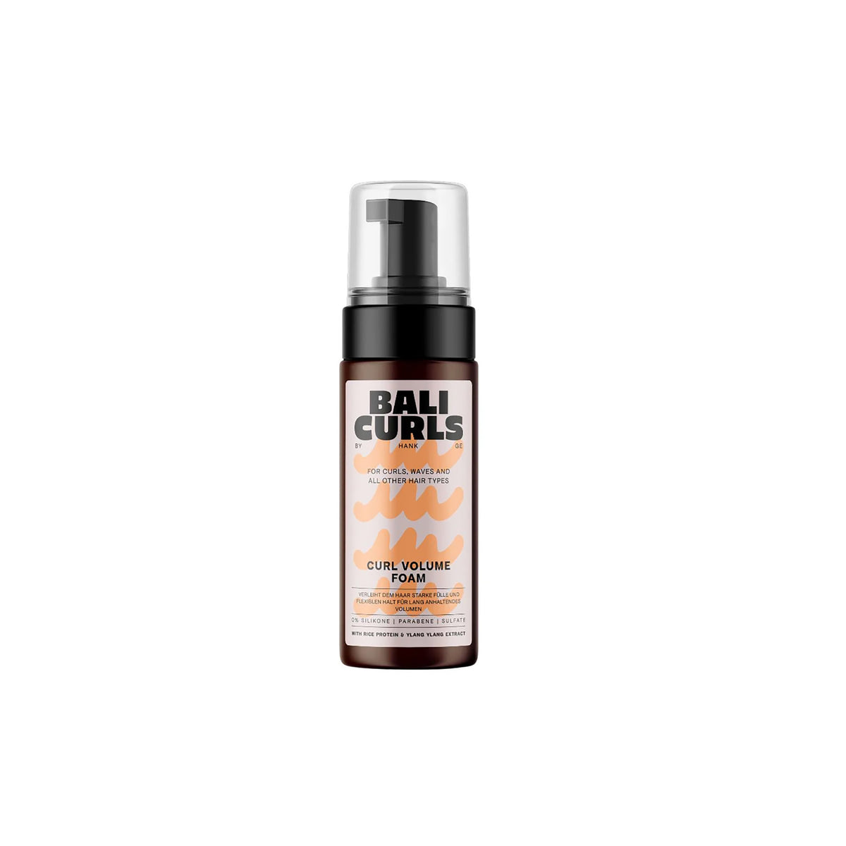 Bali Curls Curl Volume Mousse 150ml in brown foam bottle with black pump and orange pattern on bright label.