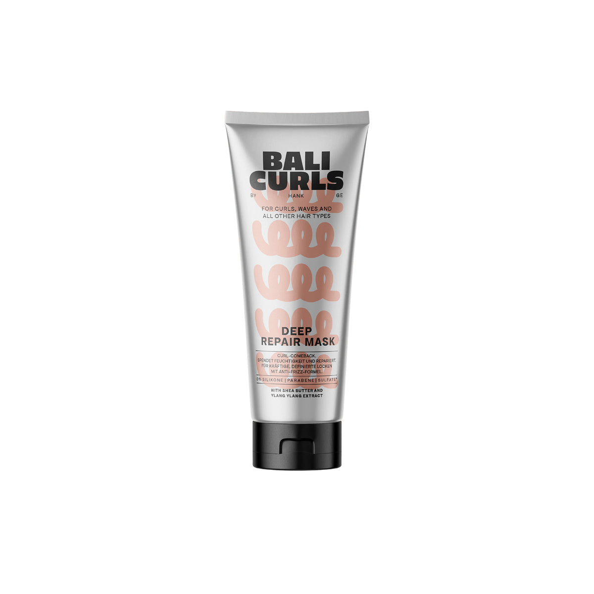 Bali Curls Deep Repair Mask 200ml in silver colored tube with black lid and pink curl pattern on the front label.