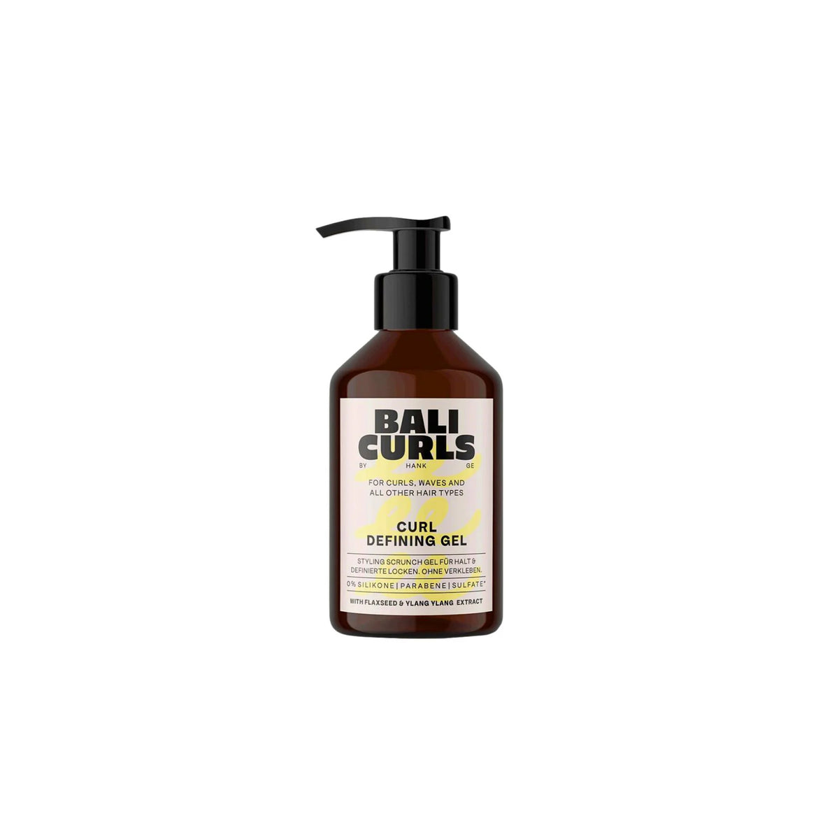 Bali Curls Curl Defining Gel 150ml in brown pump bottle with black lid and yellow-white label with black and yellow text.