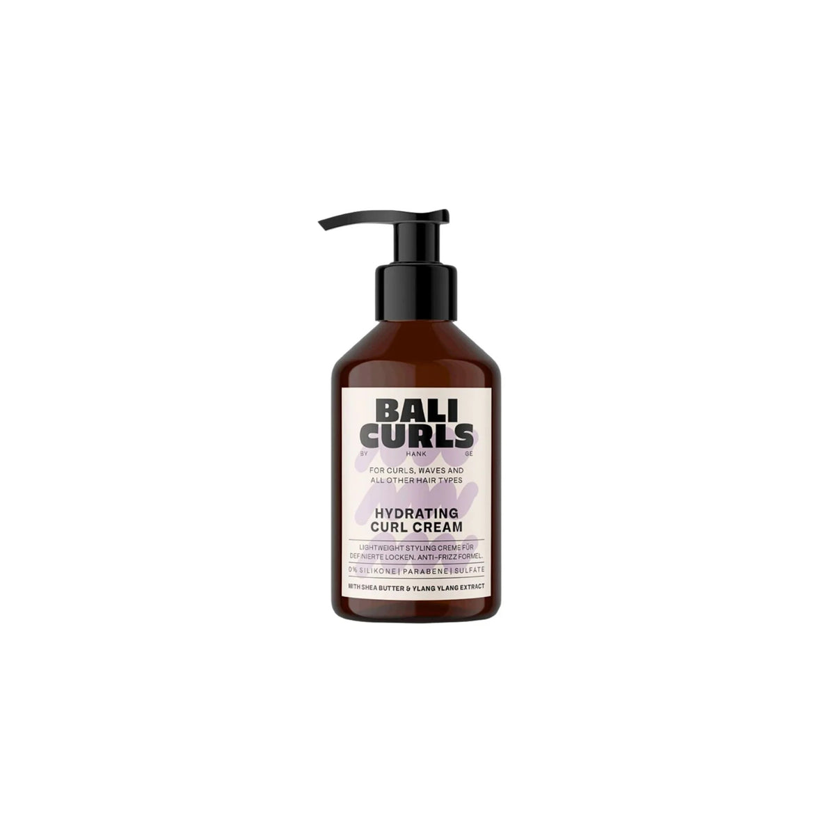 Bali Curls Hydrating Curl Cream 150ml in brown pump bottle with black lid and light label with black and purple text.