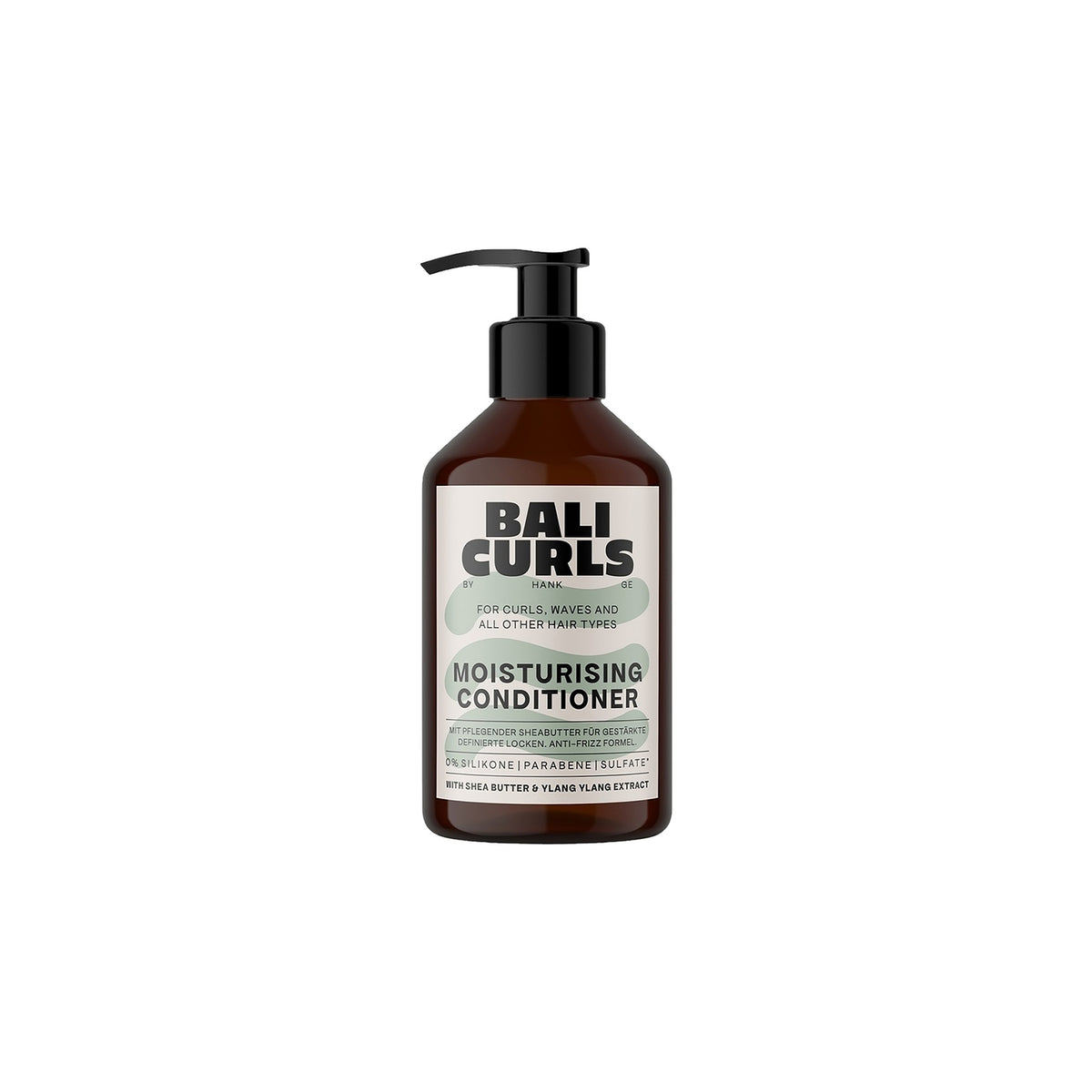 Bali Curls Moisturizing Conditioner 250ml in brown pump bottle with black lid and light green label with dark text.