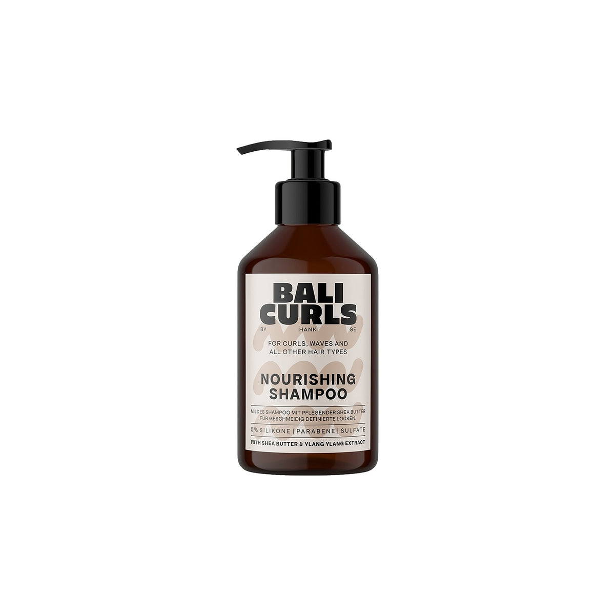 Bali Curls Nourishing Shampoo 250ml in brown plastic bottle with black pump and beige label with dark text.