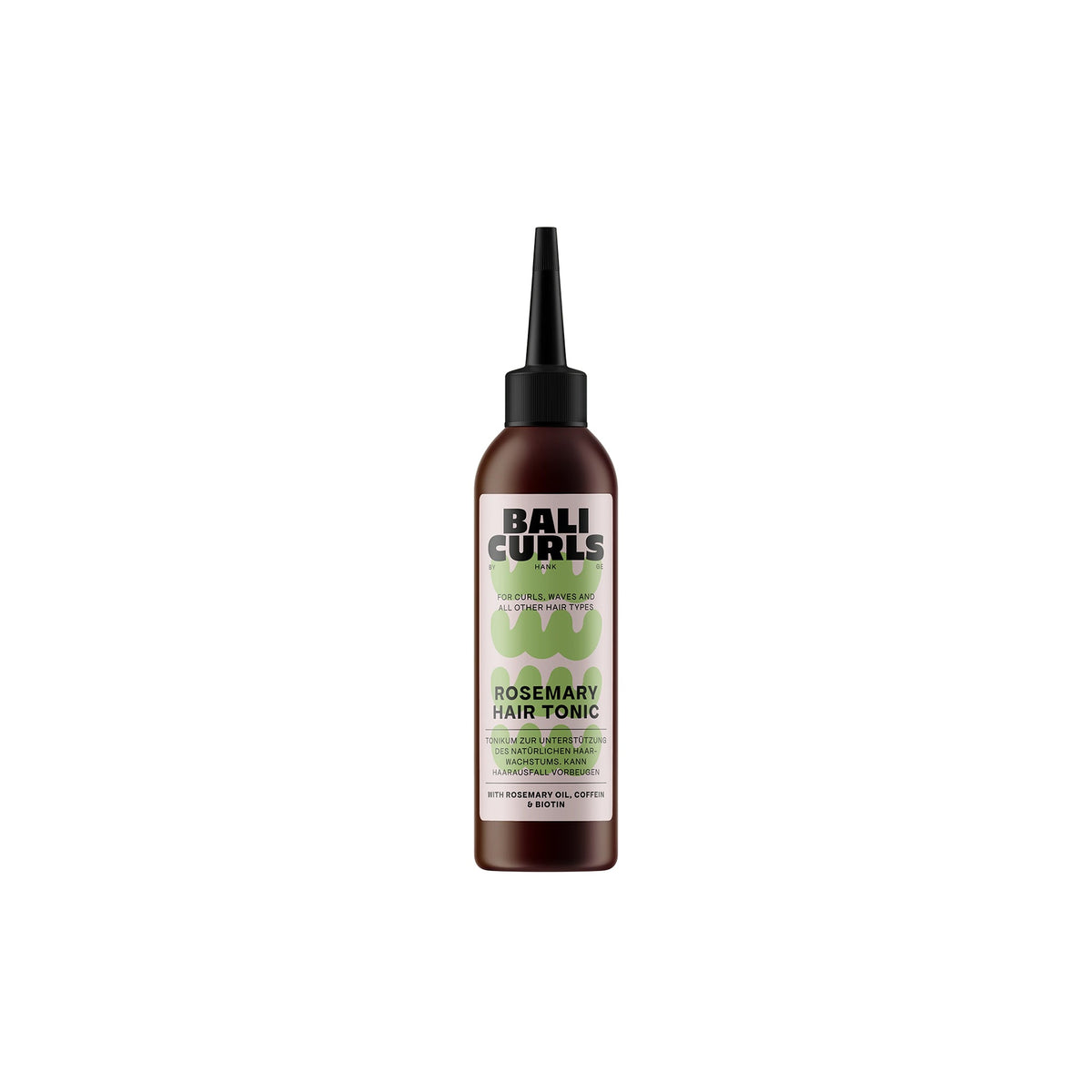 Brown bottle of BALI CURLS Rosemary Hair Tonic with green label and black tip, ideal for curly and wavy hair.