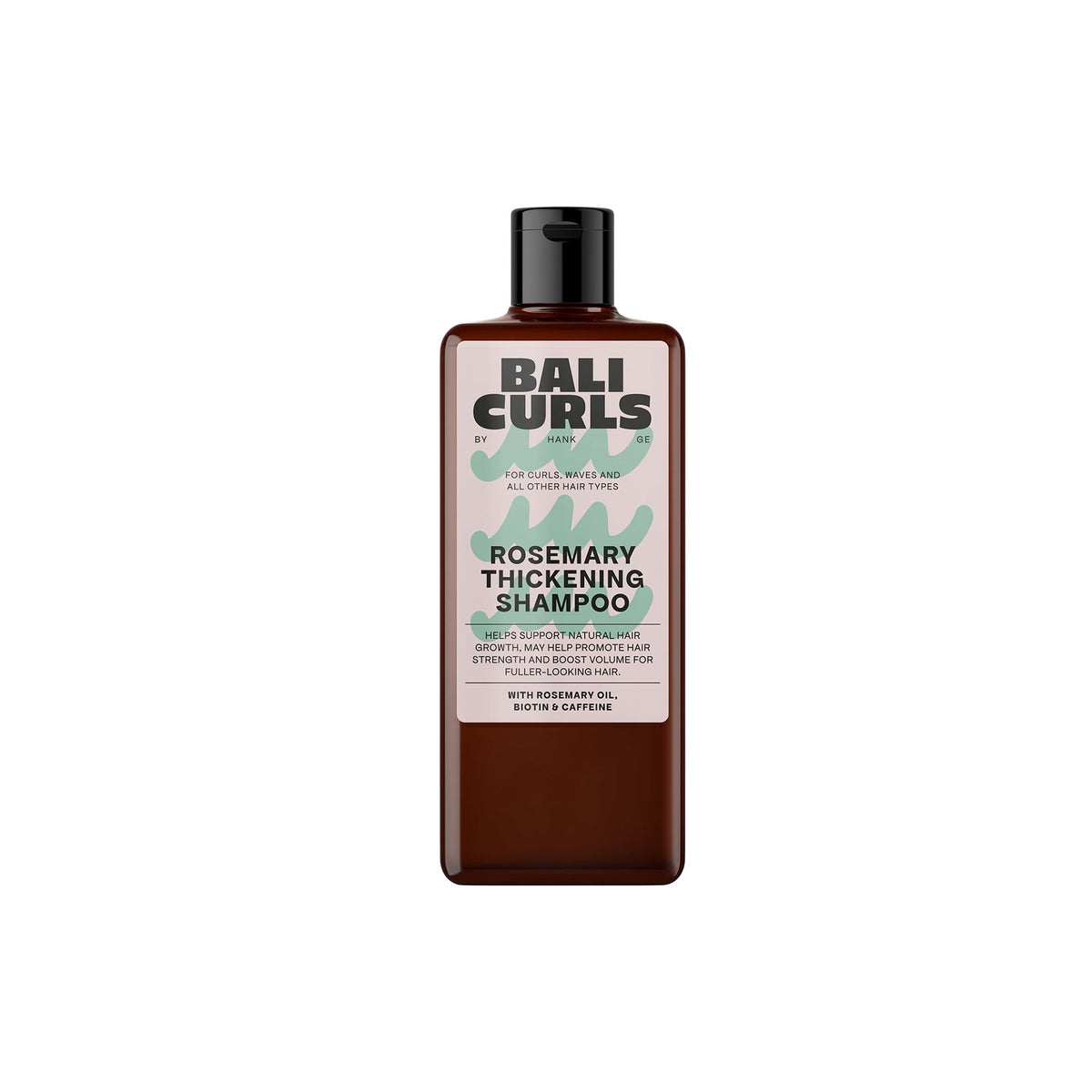 Brown bottle of Bali Curls Rosemary Thickening Shampoo for curly hair, enriched with rosemary oil, biotin and caffeine.