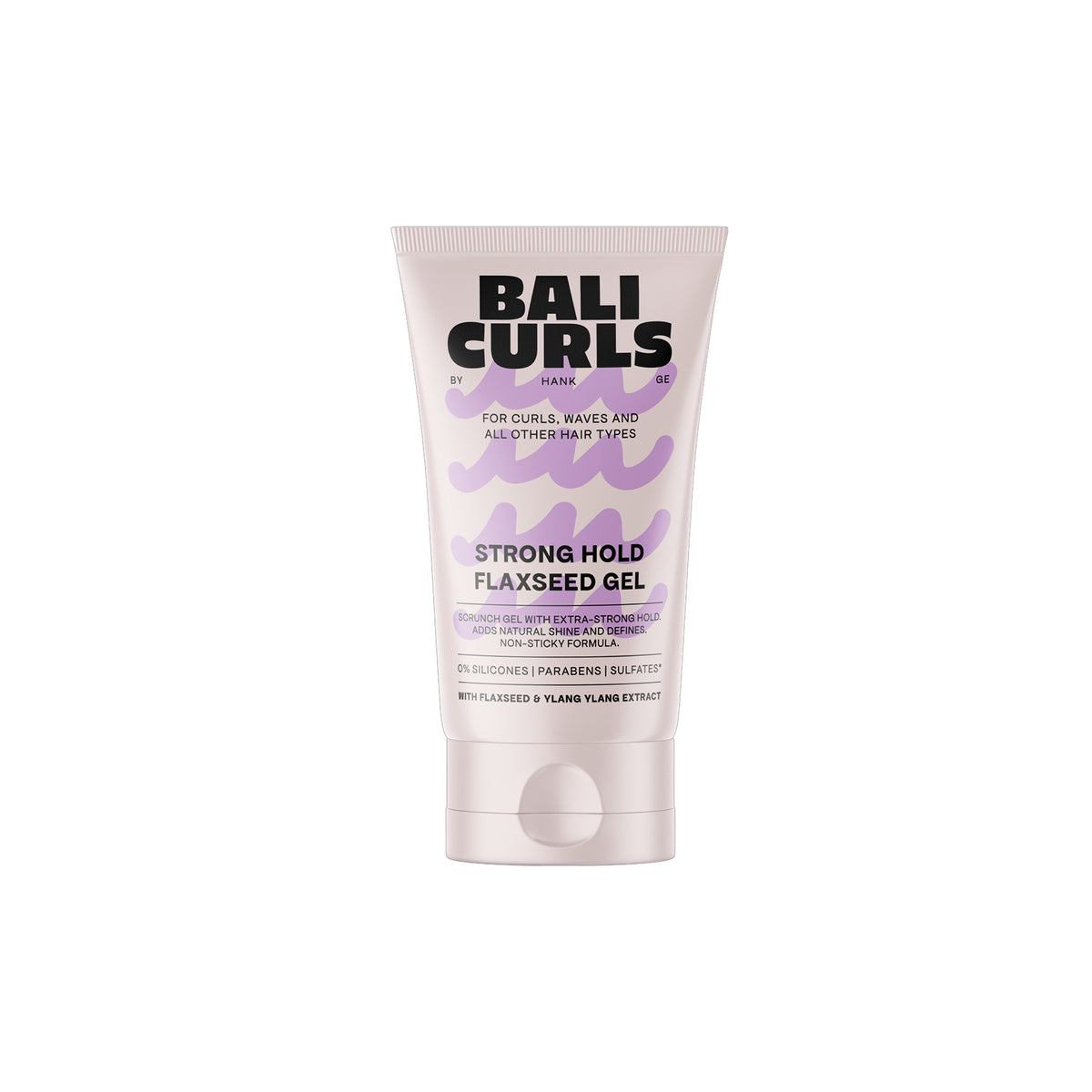 Bali Curls Strong Hold Flaxseed Gel 150ml in light tube with purple wave pattern and black text for curly hair.