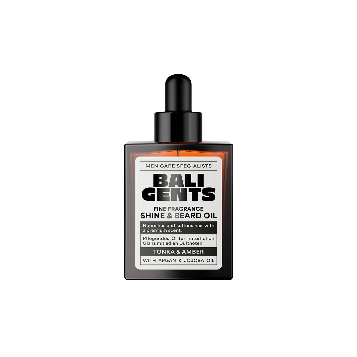 Bottle of BALI GENTS Shine & Beard Oil in brown glass with black dropper, for shiny and fragrant beard care.